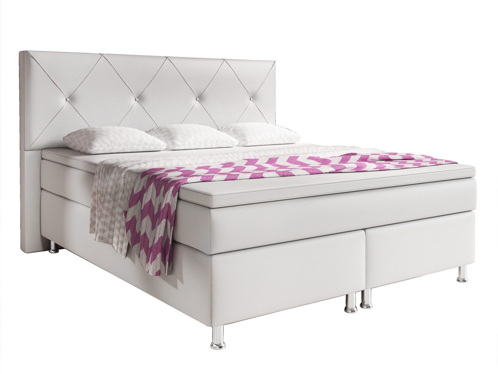 inter Boxspringbett Oxford 180x200 cm mit 7-Zonen Taschenfederkermatratzen und Topper (180x200 cm, Weiß mit 7 Zonen Taschenfederkernmatratzen und Topper), Taschenfederkern-Komfort, gepolstertes Kopfteil, inklusive Matratzen