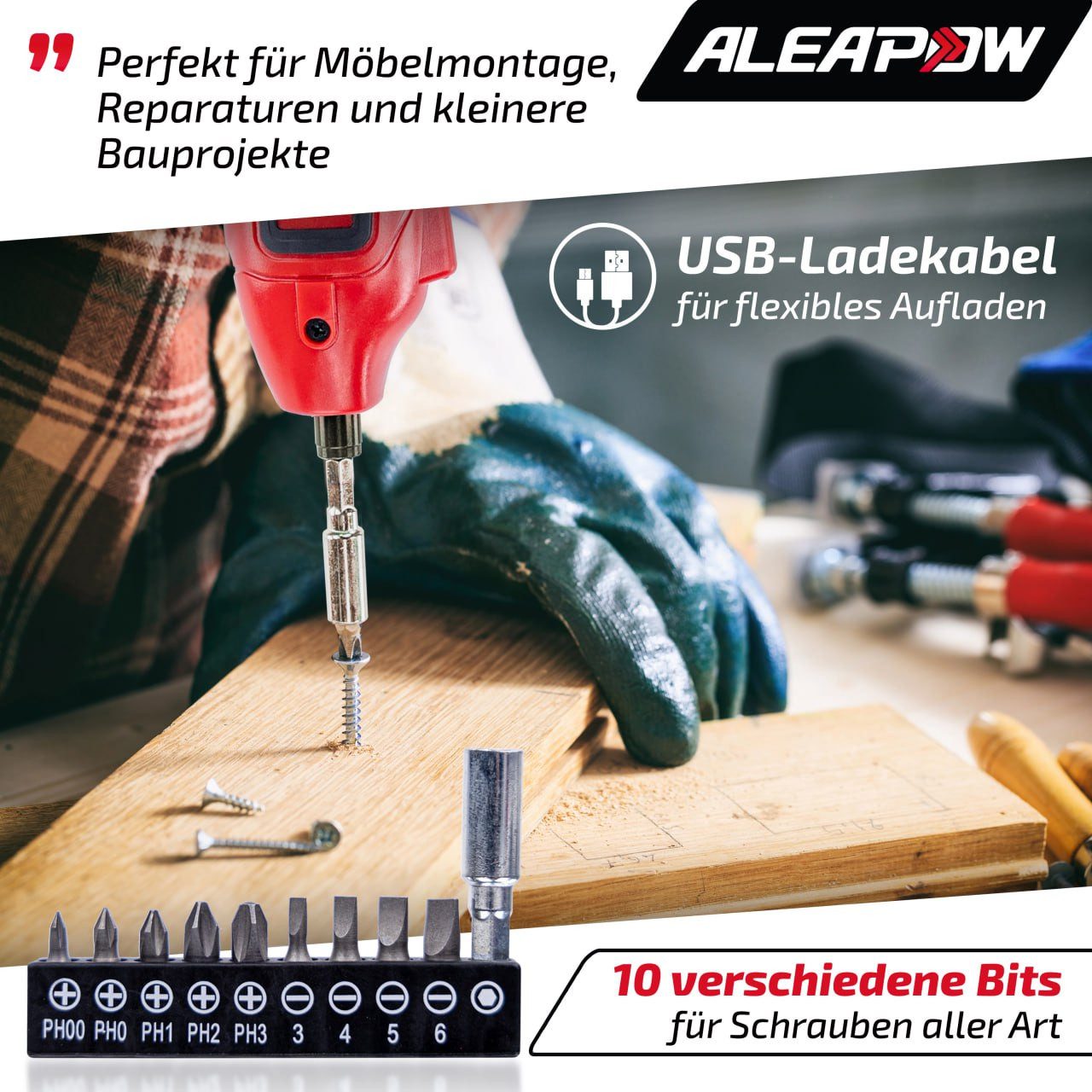 Aleapow Akku-Schrauber, 200,00 U/min, 5,00 Nm, (Mini Akkuschrauber, 11-tlg., 2000mAh 3,6 V Akkuschrauber Klein), Schraubendreher mit 9+1 Bits LED Licht, USB Ladekabel für Schrauben