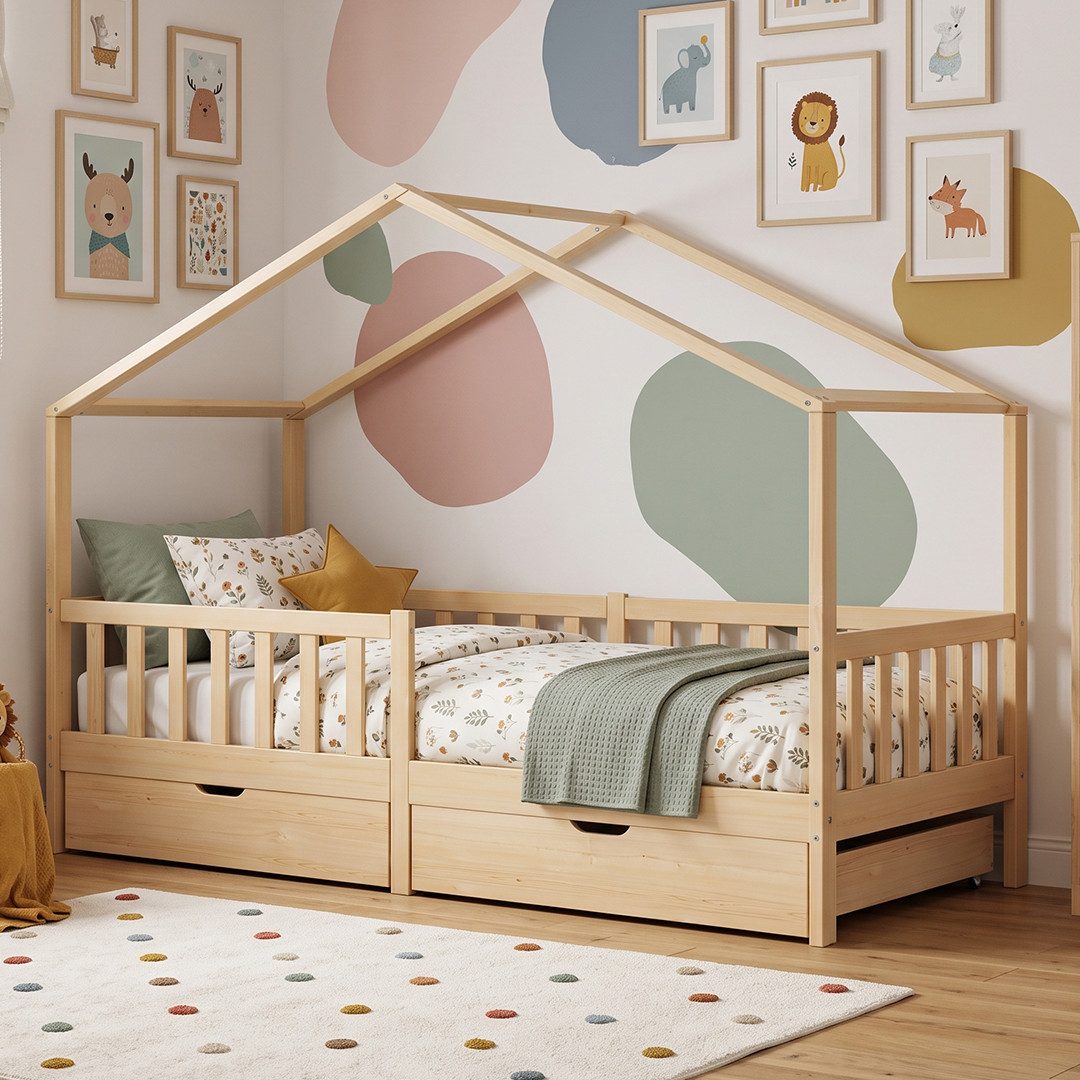 Bellabino Kinderbett Bia mit Rausfallschutz & Lattenrost (natur, mit zwei Schubladen), Kinderbett aus Kiefernholz, verfügbar in 80x160/90/120/140x200 cm