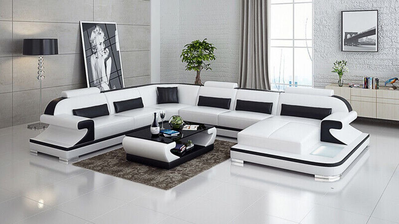 JVmoebel Ecksofa Ledersofa Couch Wohnlandschaft Ecksofa Garnitur Modern Sofa mit USB Weiß
