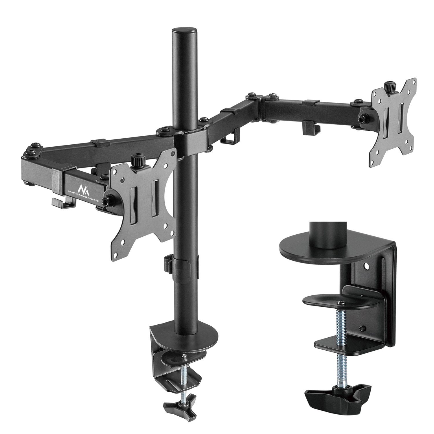 Maclean Monitor-Halterung MC-884 2-Fach Monitorhalterung Tischhalterung 17-32", (bis 32 Zoll, Schwenkbar Neigbar Höhenverstellbar Doppelarm bis 2x8kg)