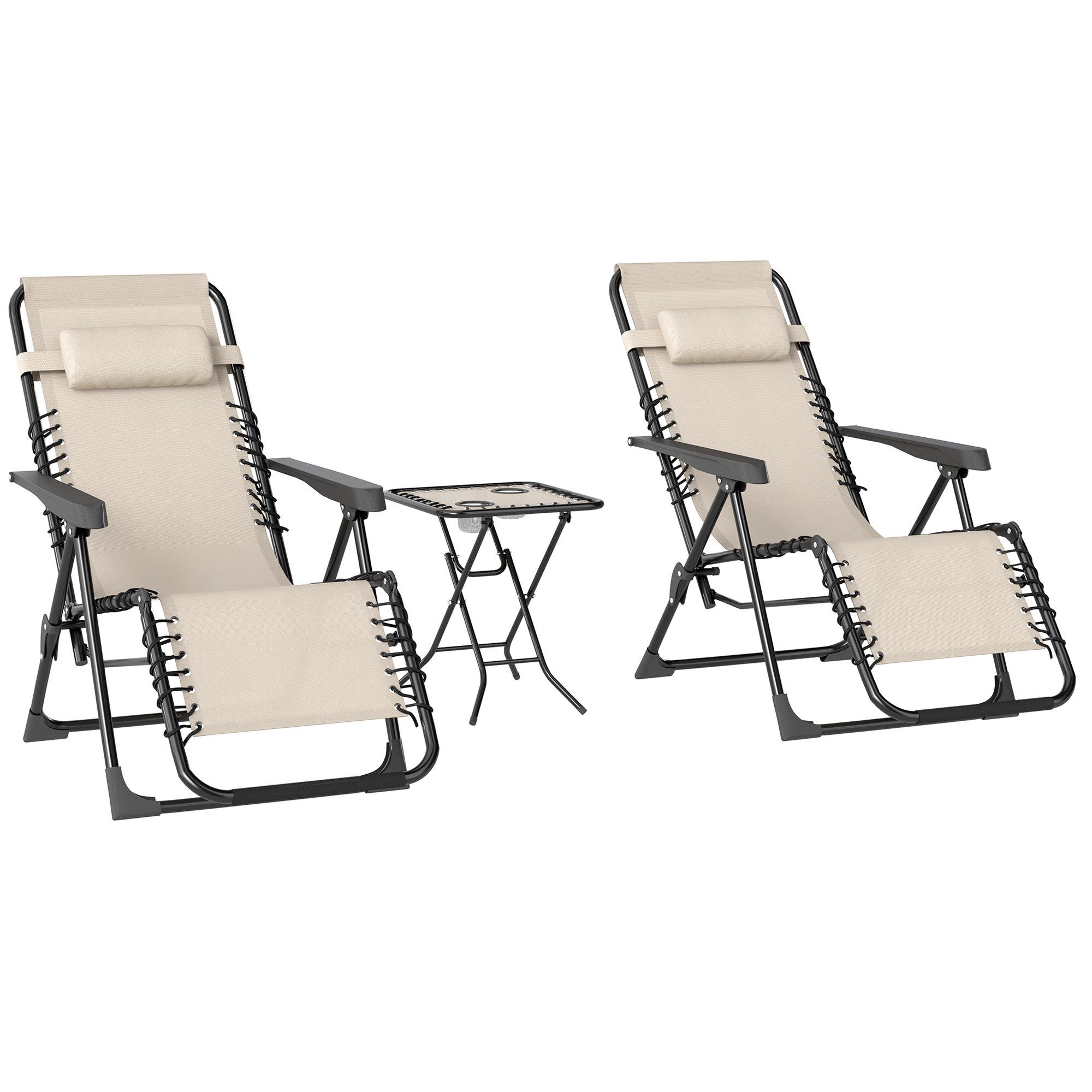 BAYMATE Gartenliege Set aus 2 klappbaren und verstellbaren Sonnenliegen, mit Beistelltisch, Getränkehaltern und Kopfstützen, Belastbarkeit 120 kg, beige