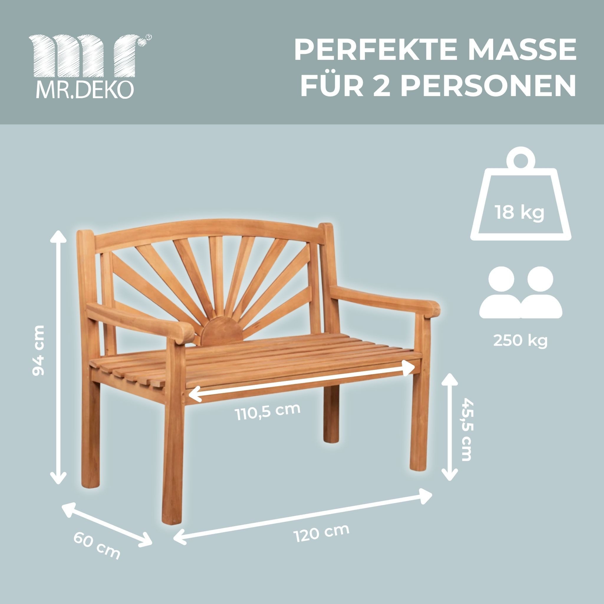 MR.DEKO Gartenbank Teak Sonnen-Motiv, wetterfest, ideal für Garten & Balkon Sommer (2-Sitzer Bank, zerlegt geliefert, ideal für Terrasse, 1-St), Massive Sitzbank Garten und Balkon, 250 kg belastbar