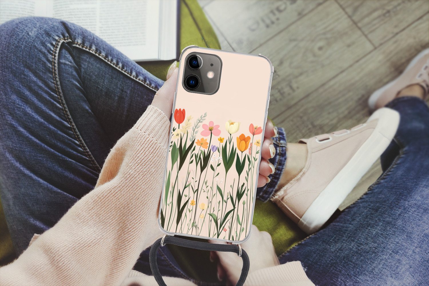 MuchoWow Handyhülle für Apple iPhone 11 Pastelltöne - Blumen - Illustration, Tragbare Handyhüllen mit Kette zum umhängen, Handykette Handyband