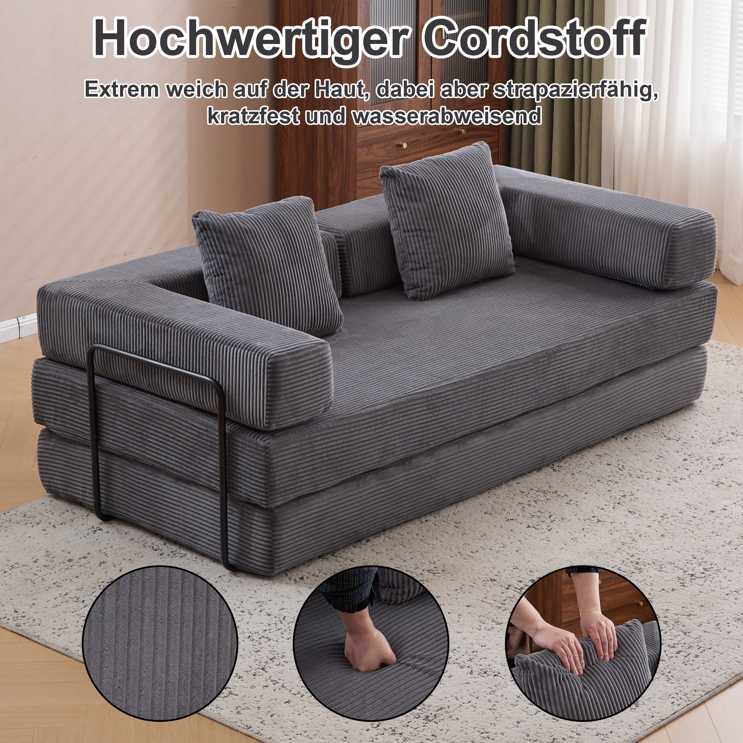Leawin Loungesofa Faltbares Schlafsofa, bequemes Cord Bodensofa für kleine Räume, 4-in-1 Klappsofa für Wohnzimmer, Schlafzimmer, Büro oder Gäste