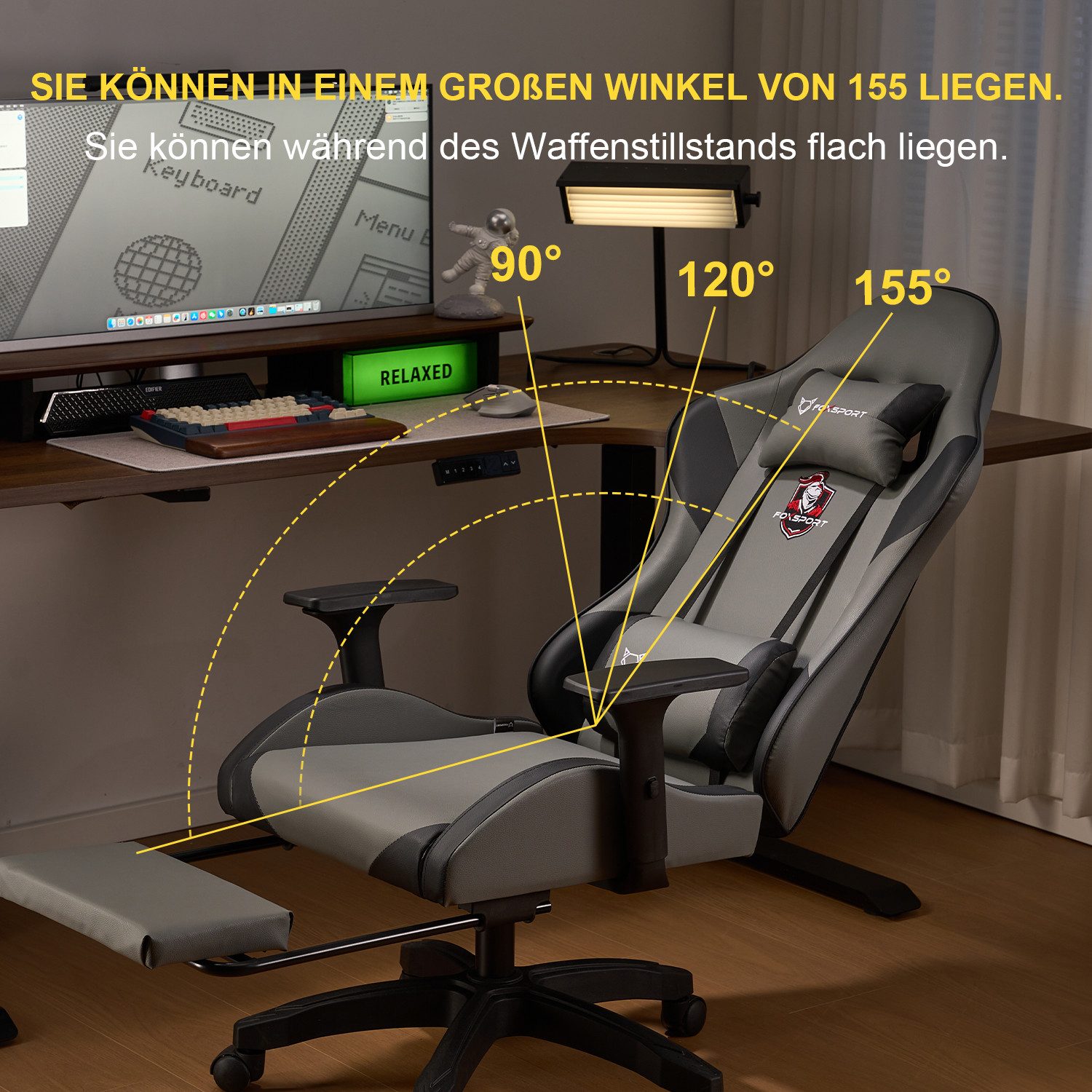 FOXSPORT Gaming-Stuhl inkl. Rücken- & Nackenkissen, ergonomischer Bürostuhl (Computer Stuhl mit Racing-Design, Drehstuhl mit 3D-Armstützen und verstellbarer Fußstütze, 150° verstellbare Rückenlehne, 1 St), 360° drehbar, 10 cm Höhenverstellung, belastbar bis 150 kg