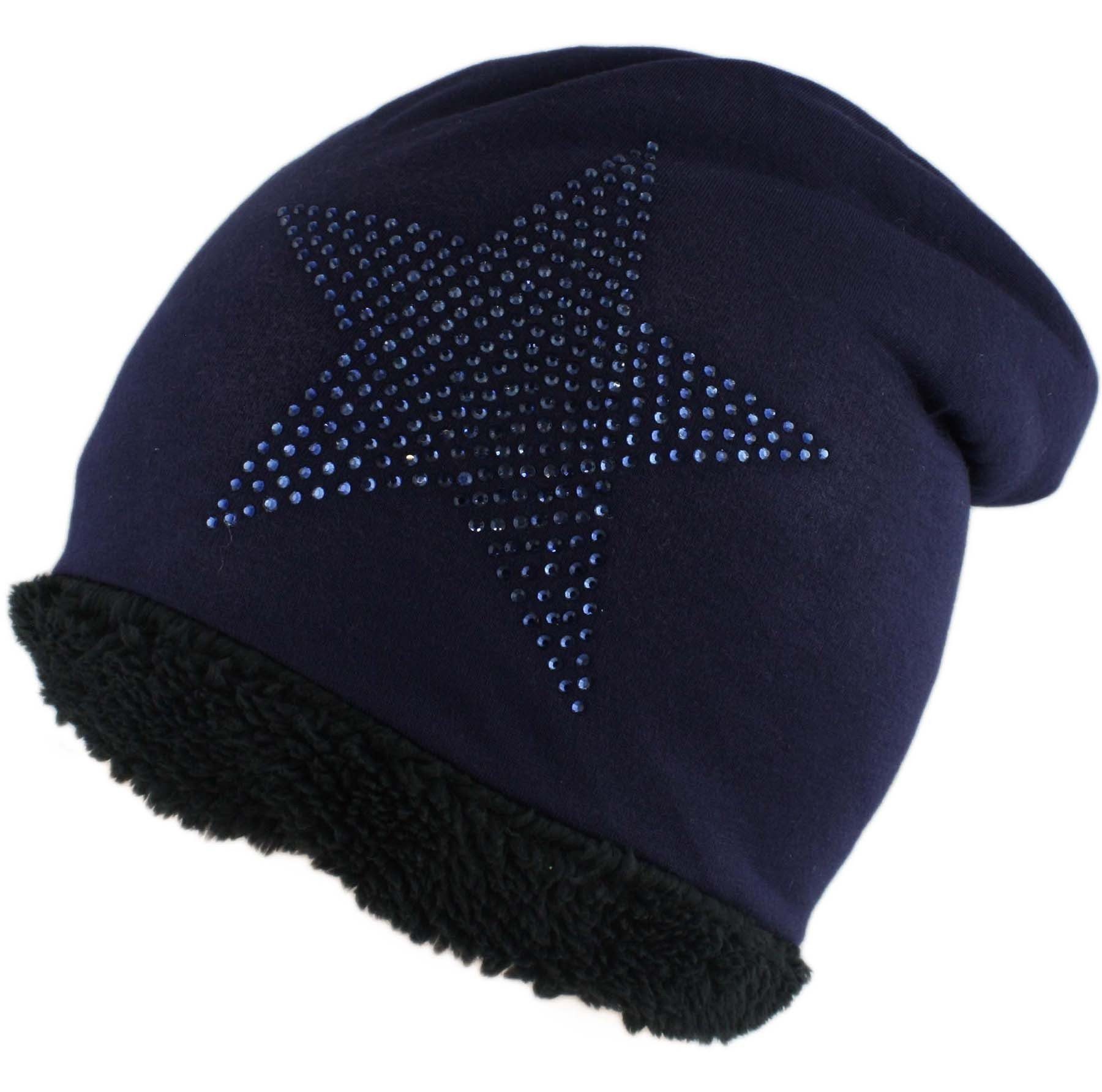 Originelli weichem Fleece Strass-Stern Steinchen Teddyfell mit Beanie marine gefüttert Beanie Sonia