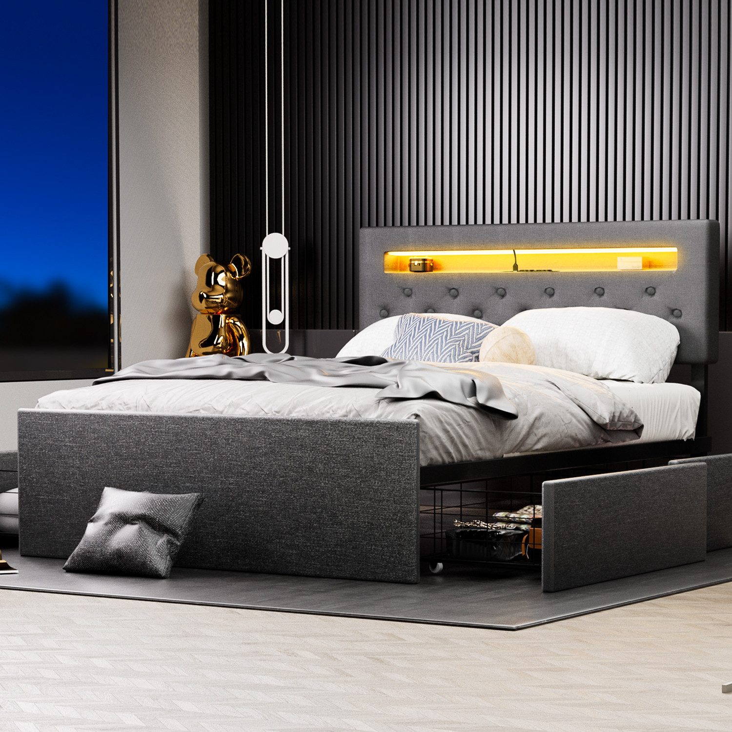 oyajia Polsterbett LED Doppelbett 140x200cm, Stauraumbett mit Kopfteil und 4 Schubladen (Leinenmaterial Polsterbett mit RGB Beleuchtung), mit Lattenrost und Ladefunktion, mit Komforthöhe, Leises Design Bett