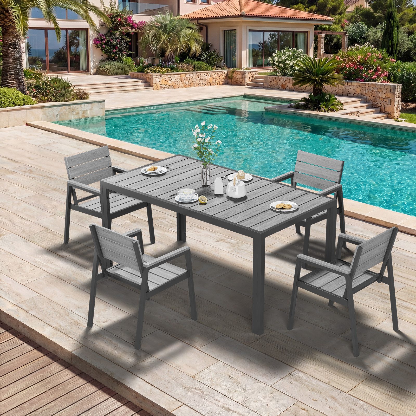 HOMALL Garten-Essgruppe Gartenmöbel Set Essgruppe für 4-8 Personen mit Tisch Garten-Essset, (PS-Holzoptik Garten-Essset, Aluminium-Rahmen Wetterfest & Rostfrei, Terrassen Essgruppe Outdoor Essset für Terrasse Pool Garten Balkon)
