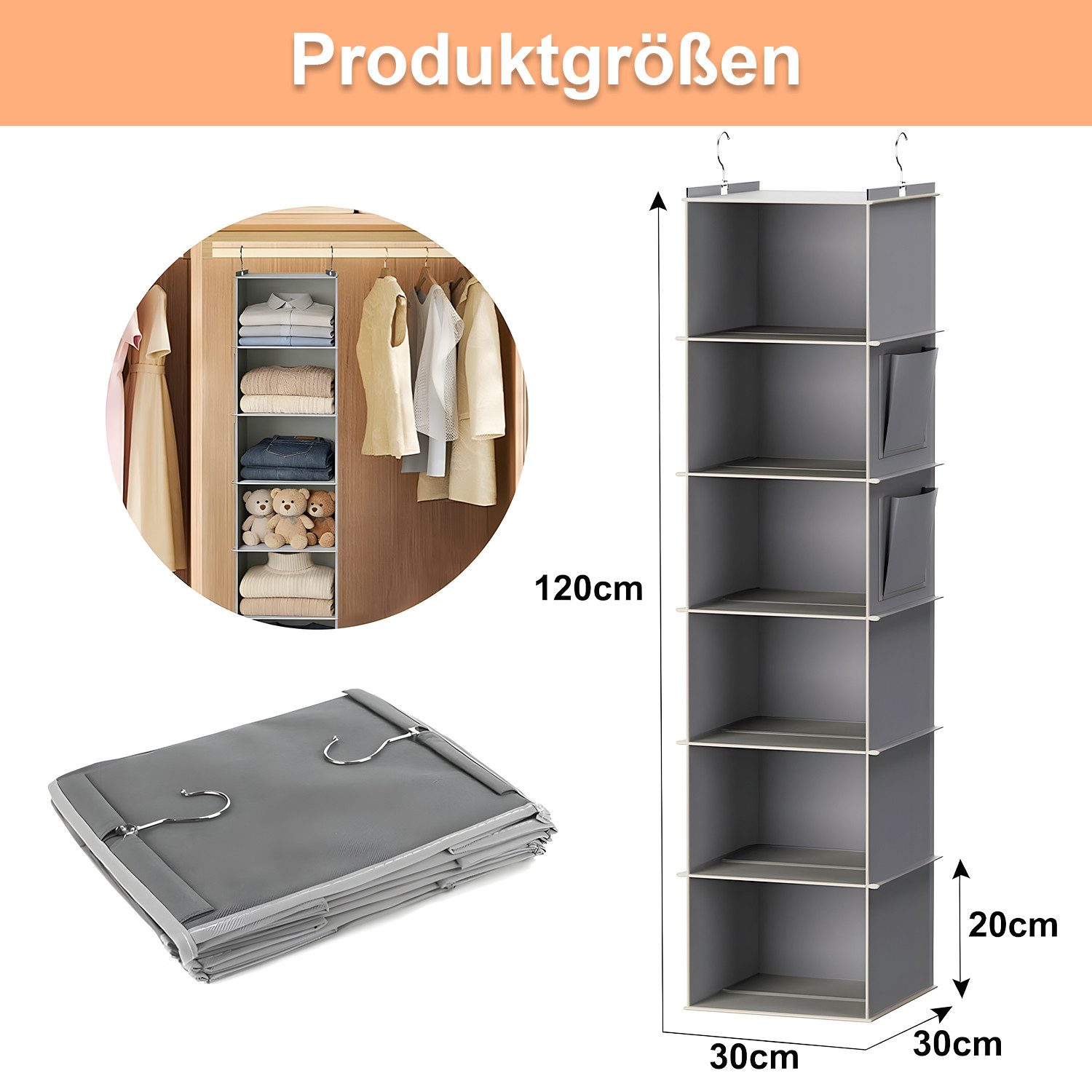 HEYHIPPO Hängeaufbewahrung Hängeregal für Schrank–6 Fächer,aus Stoff,grau,mit Bambusverstärkung (Stoff Hängeregal – hängendes Schrankregal mit 6 Fächern, platzsparend), Hängeaufbewahrung – mehrlagiger Schrank-Organizer, 30×30×120 cm