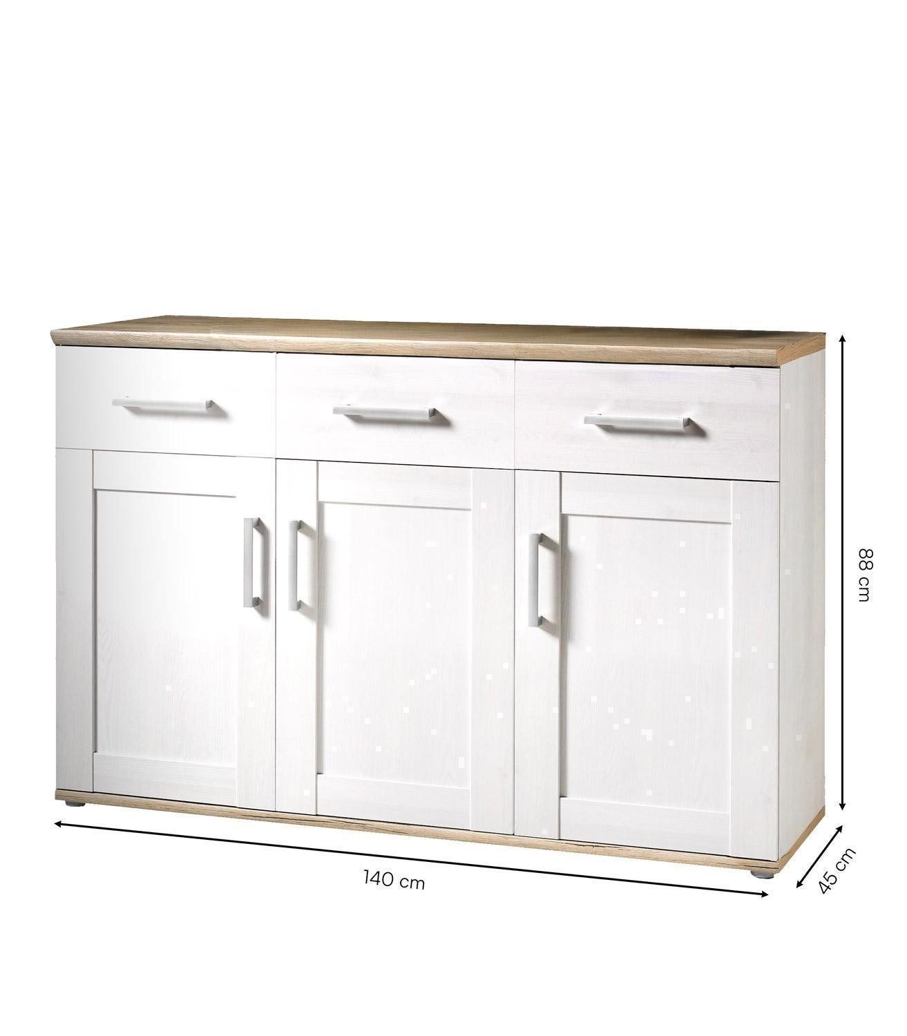 Sideboard ROMANCE, B 140 x H 88 cm, Weiß, Sibiu Lärche Dekor, 3 Türen und 3 Schubladen