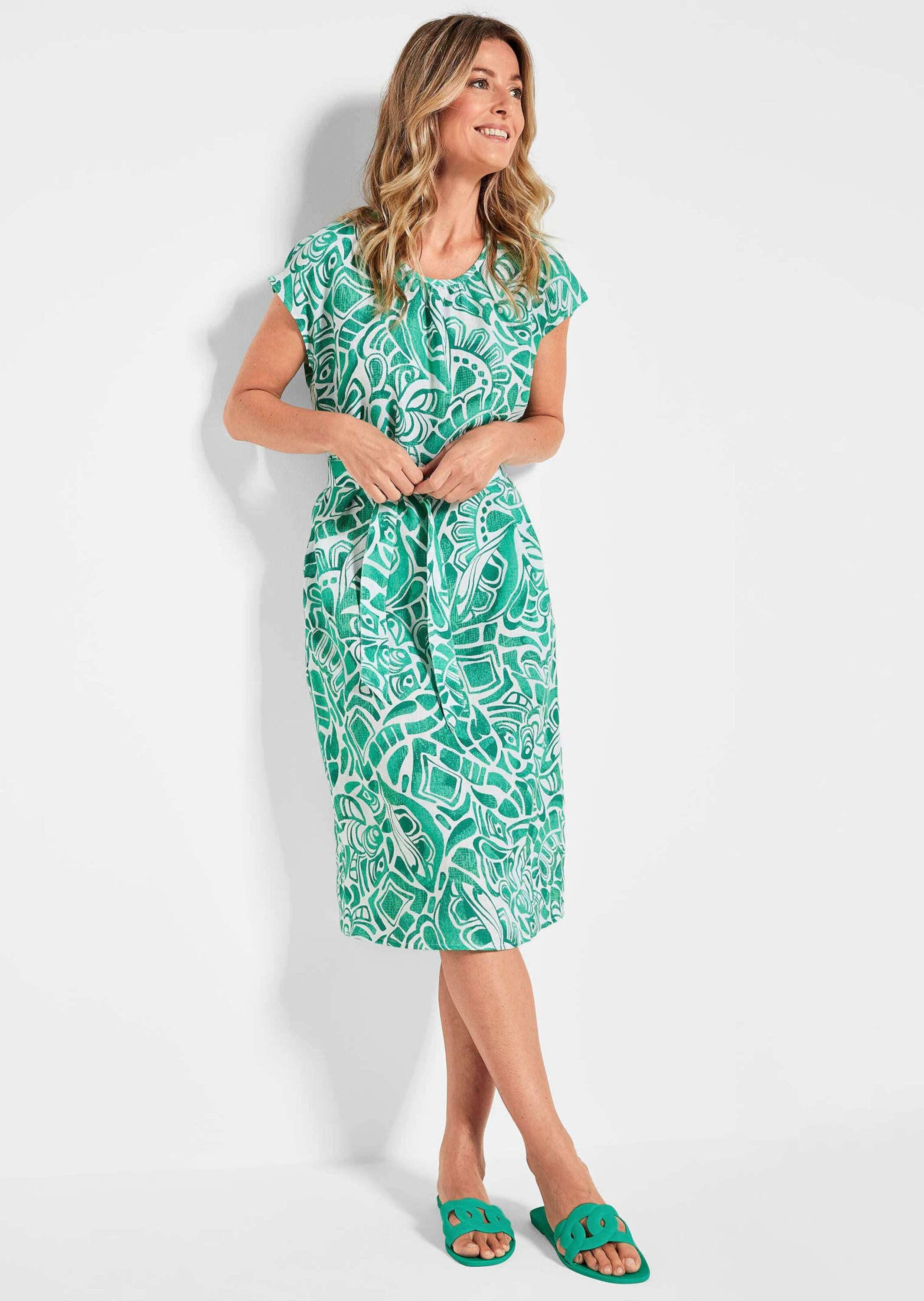 GOLDNER Sommerkleid Kurzgröße: Leinenkleid Ethno, Halbarm Printkleid aus Leinen, gemustert, figurbetont, Halbarm, tailliert