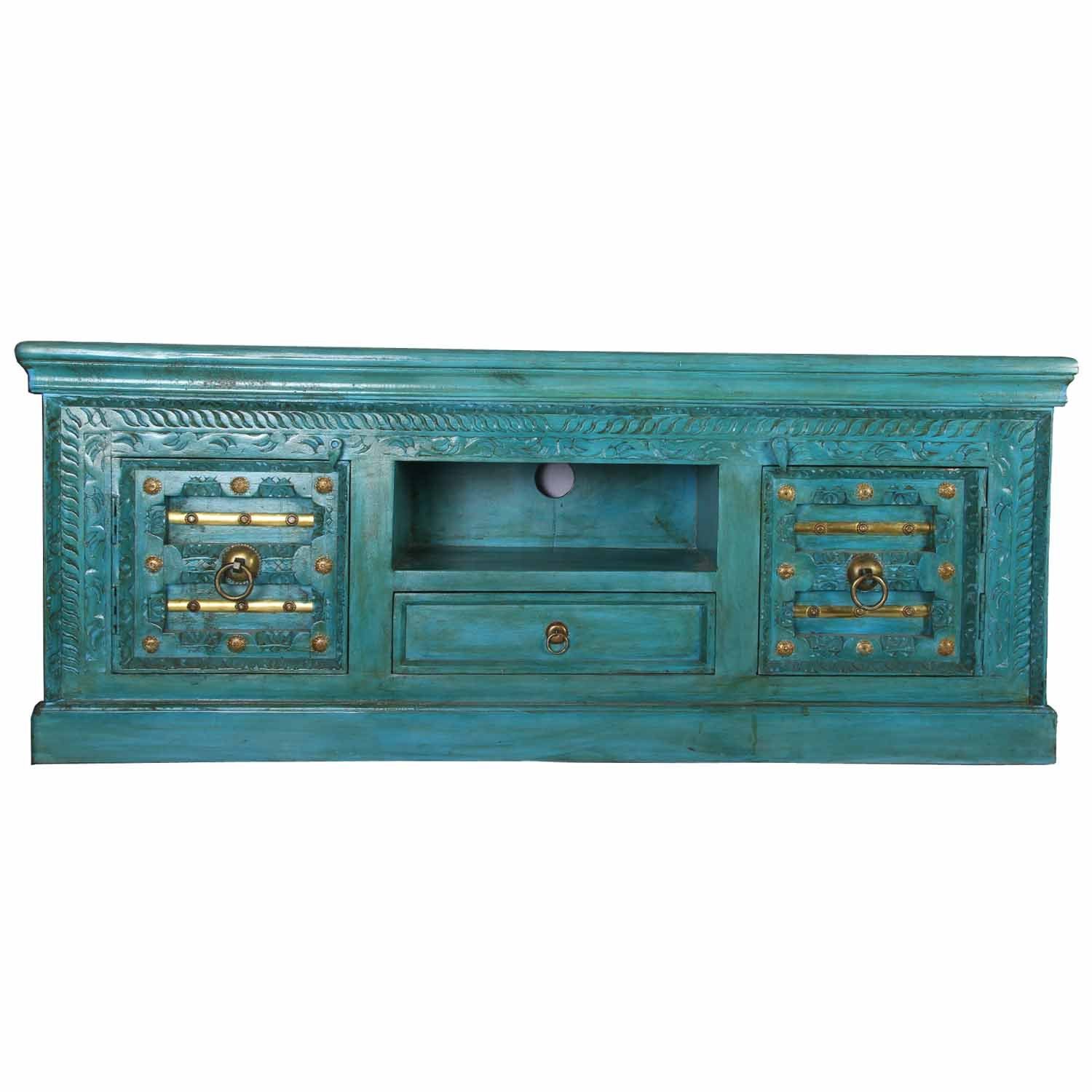 Casa Moro TV-Board Orientalische Fernsehkommode Harim türkis aus Massivholz 150x40x61 cm (Kunsthandwerk, Designer TV-Schrank, TV Lowboard mit Metallapplikationen beschmückt, CATV170), Kunsthandwerk, Designer TV-Schrank