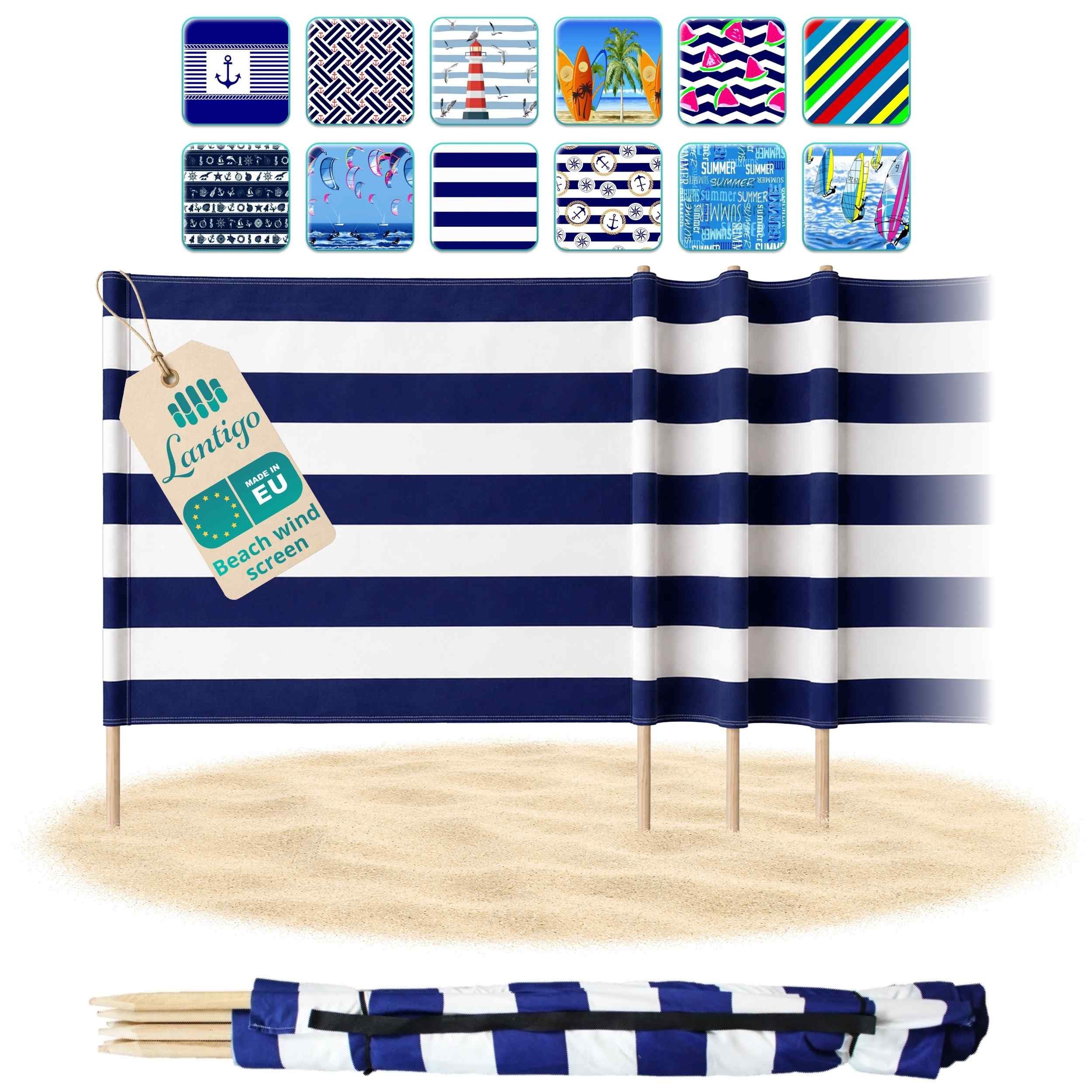 Lantigo Windschutz Sichtschutz Sonnenschutz Strandparavent aus Mikrofaser – portabel, (Klassische Streifen, Länge: 4 m), - Faltbarer Sonnenschutz für Strand, Camping & Garten