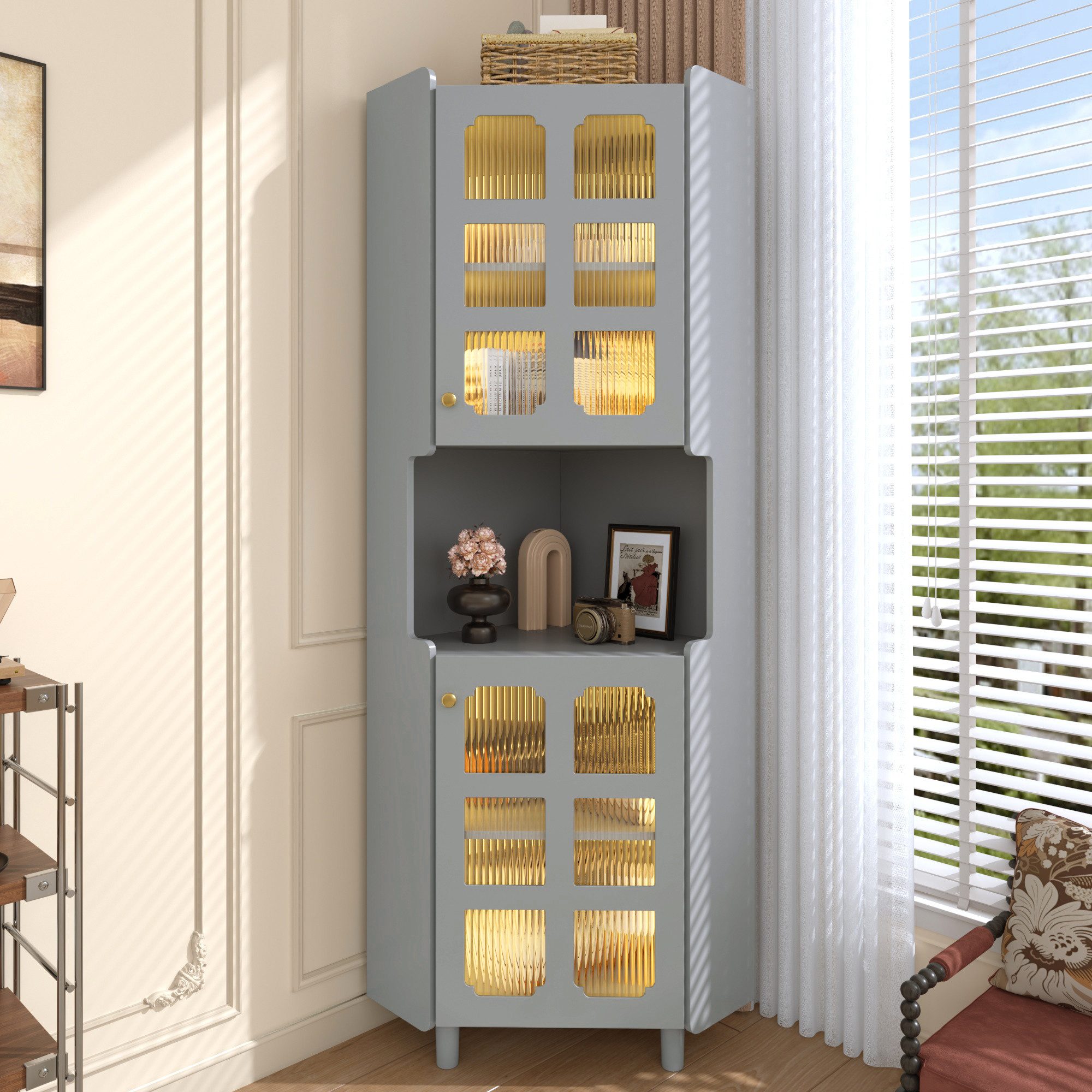 Flieks Badkommode Eckschrank mit LED-Beleuchtung und Glastüren (1 St., 63,5x45x157,5 cm), Hochschrank Mehrzweckschrank Eckkommode mit 5 Fächern Grau