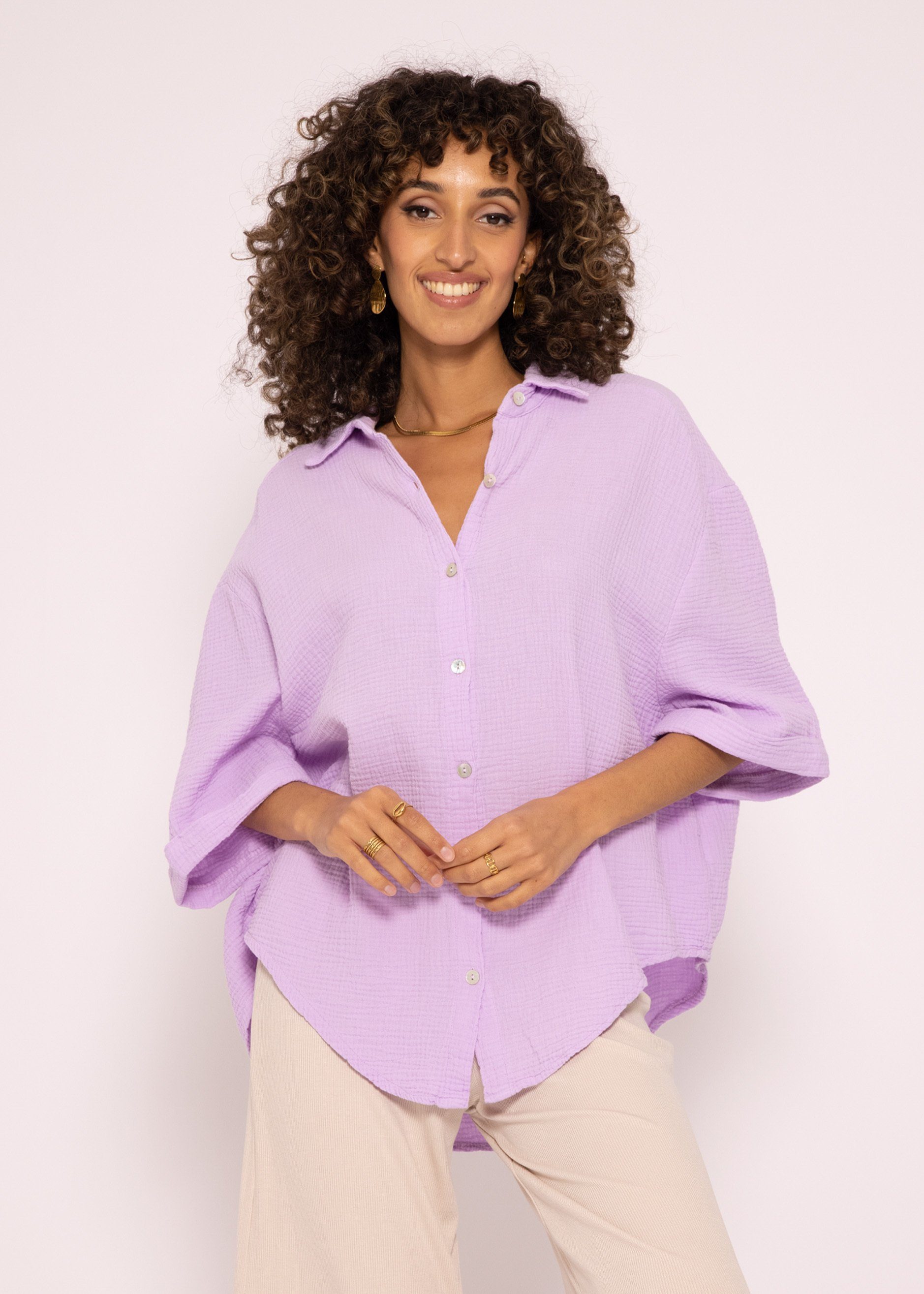 SASSYCLASSY Kurzarmbluse Oversize Musselin Bluse Damen kurzarm Shirt Bluse aus Musselin Baumwolle, Made in Italy, One Size: Gr. 36-48 Flieder