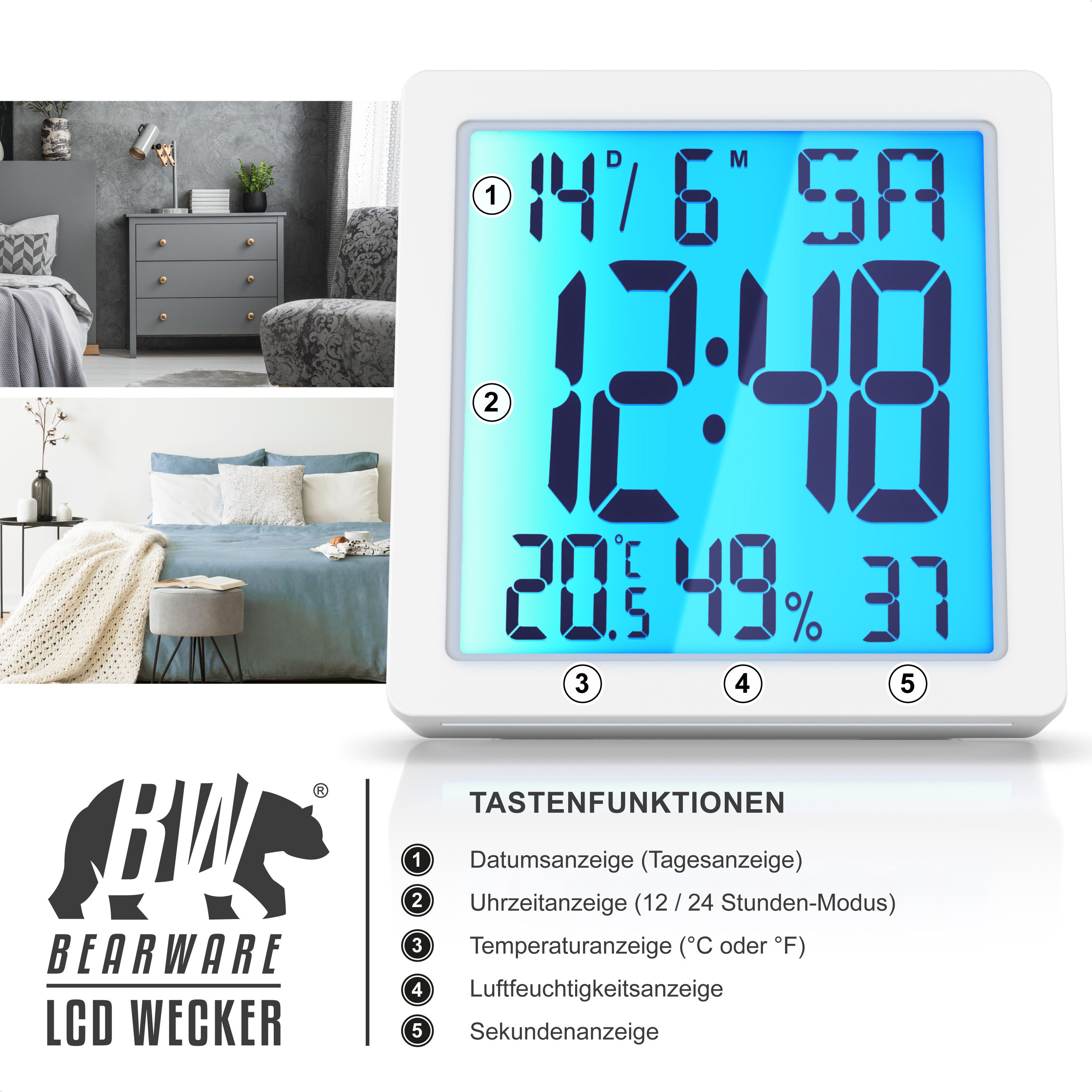 BEARWARE Wecker digital, Licht, Temperatur, Luftfeuchtigkeit, Datum, Uhrzeit, Snooze LCD Hintergrundbeleuchtung, Schlummerfunktion, für zuhause & unterwegs