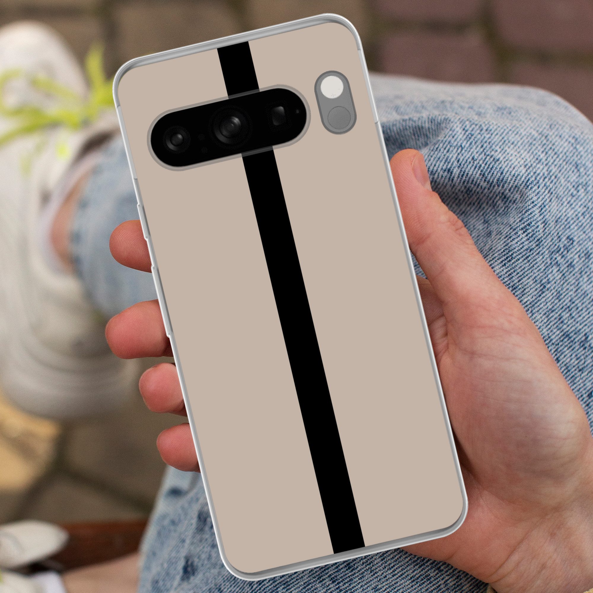 MuchoWow Handyhülle für Google Pixel 8 Pro Beige - Schwarz - Gestreift - Minimalistisch, Phone Case, Silikon, Schutzhülle Dünn