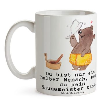 Mr. & Mrs. Panda Tasse Saunameister Herz - Weiß - Geschenk, Teetasse, Tasse, Kaffeetasse, Te, Keramik, Brillante Bedruckung