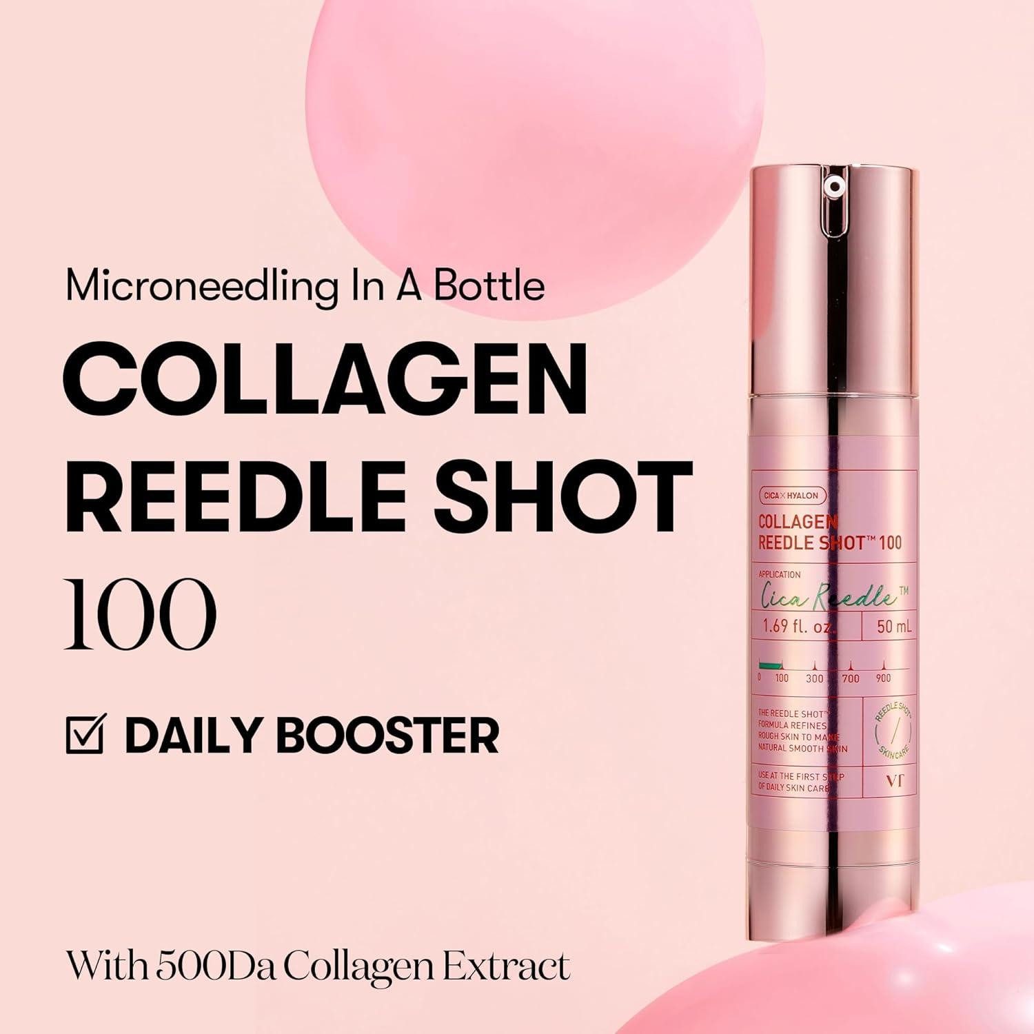 VT Cosmetics Gesichtsserum Collagen Reedle Shot 100 Serum 50ml – vegane Gesichtspflege mit Mikronadel-Technologie – glättet feine Linien, verbessert, Elastizität, spendet Feuchtigkeit – für alle Hauttypen geeignet