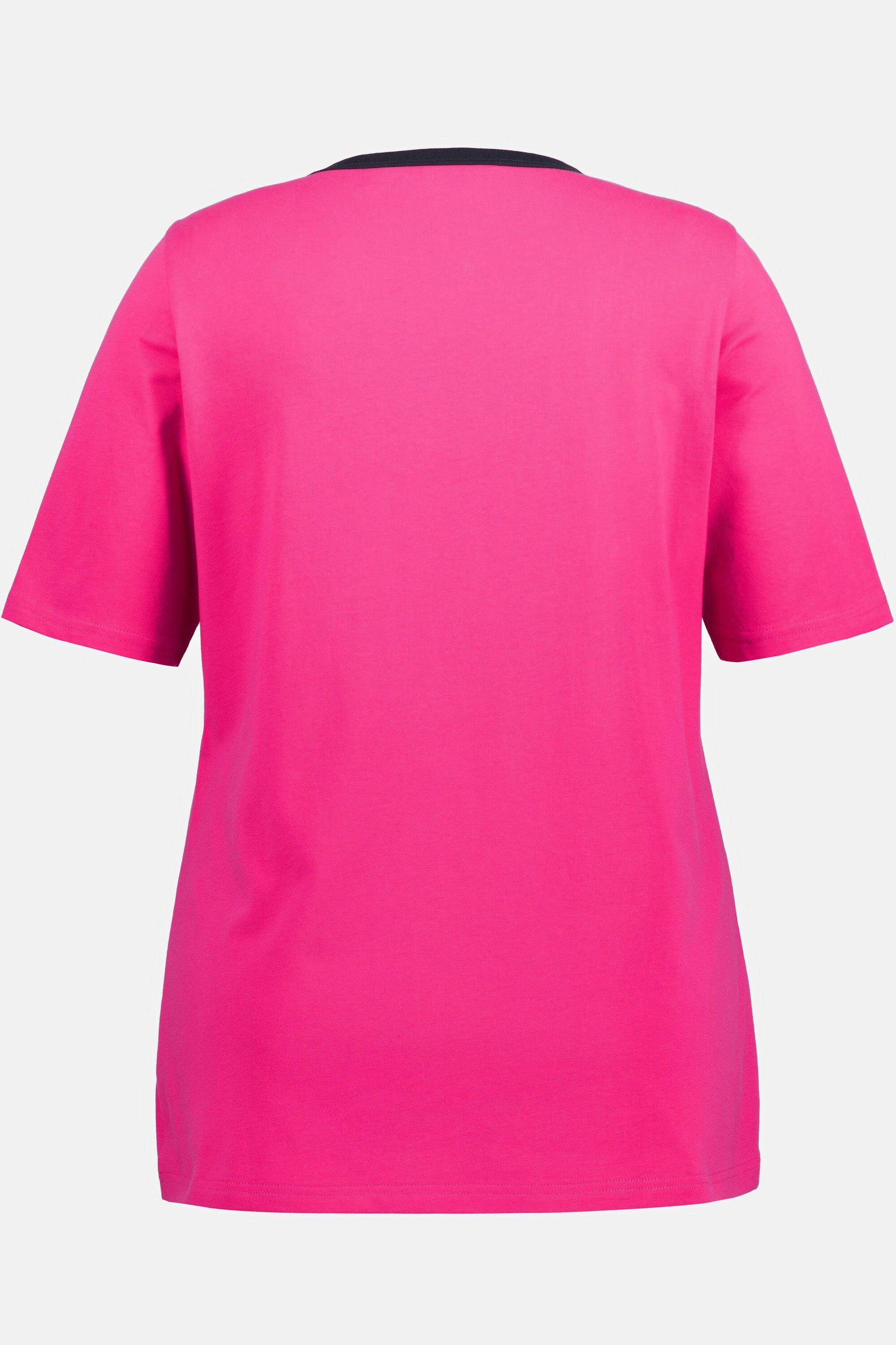 Popken Rundhalsshirt pink Carree-Ausschnitt Ulla T-Shirt Halbarm Slim Zierpaspel
