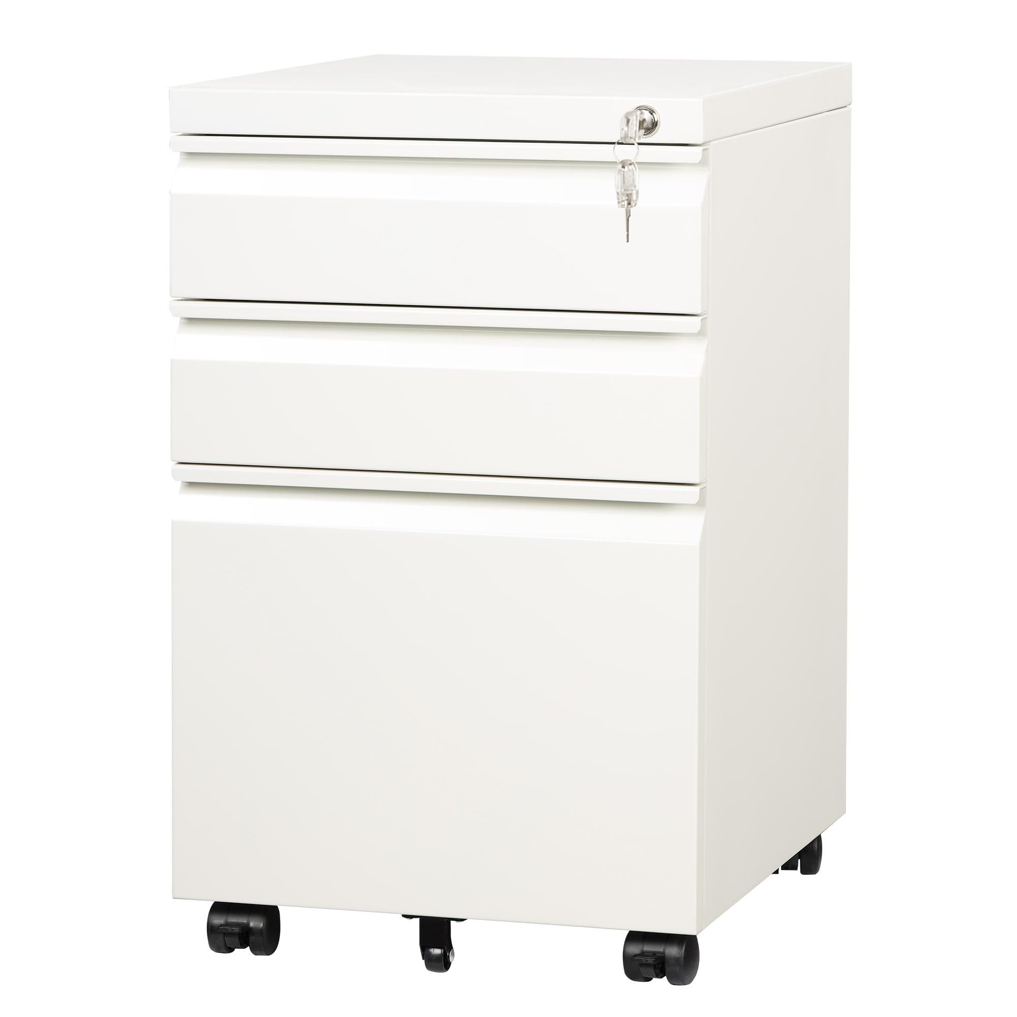 DEVAISE Aktenschrank Rollcontainer mit 3 Schubladen, Metall Mobiler Aktenschrank mit Rollen (43 x 37 x 60 cm, Druckertisch für DIN A4/Legal/Letter) Schreibtisch Unterschrank für Büro und Home Office, Weiß/ Schwarz