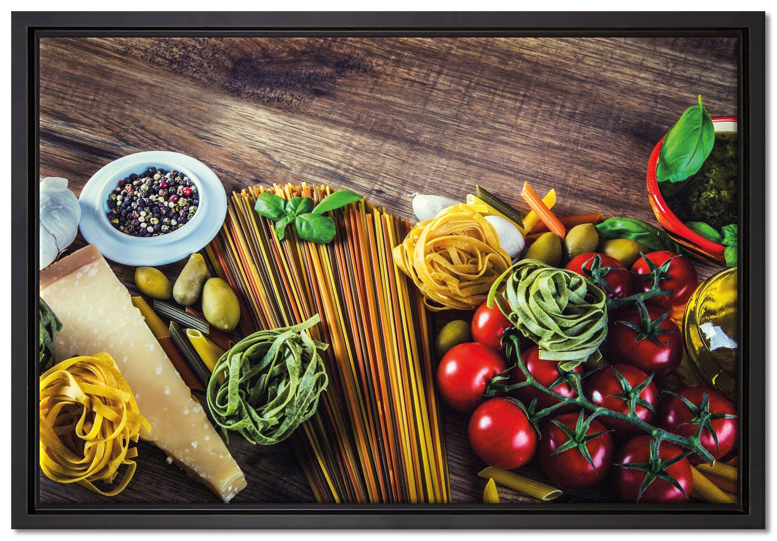 Pixxprint Leinwandbild Pasta Italia mit Tomaten, Wanddekoration (1 St), Leinwandbild fertig bespannt, in einem Schattenfugen-Bilderrahmen gefasst, inkl. Zackenaufhänger