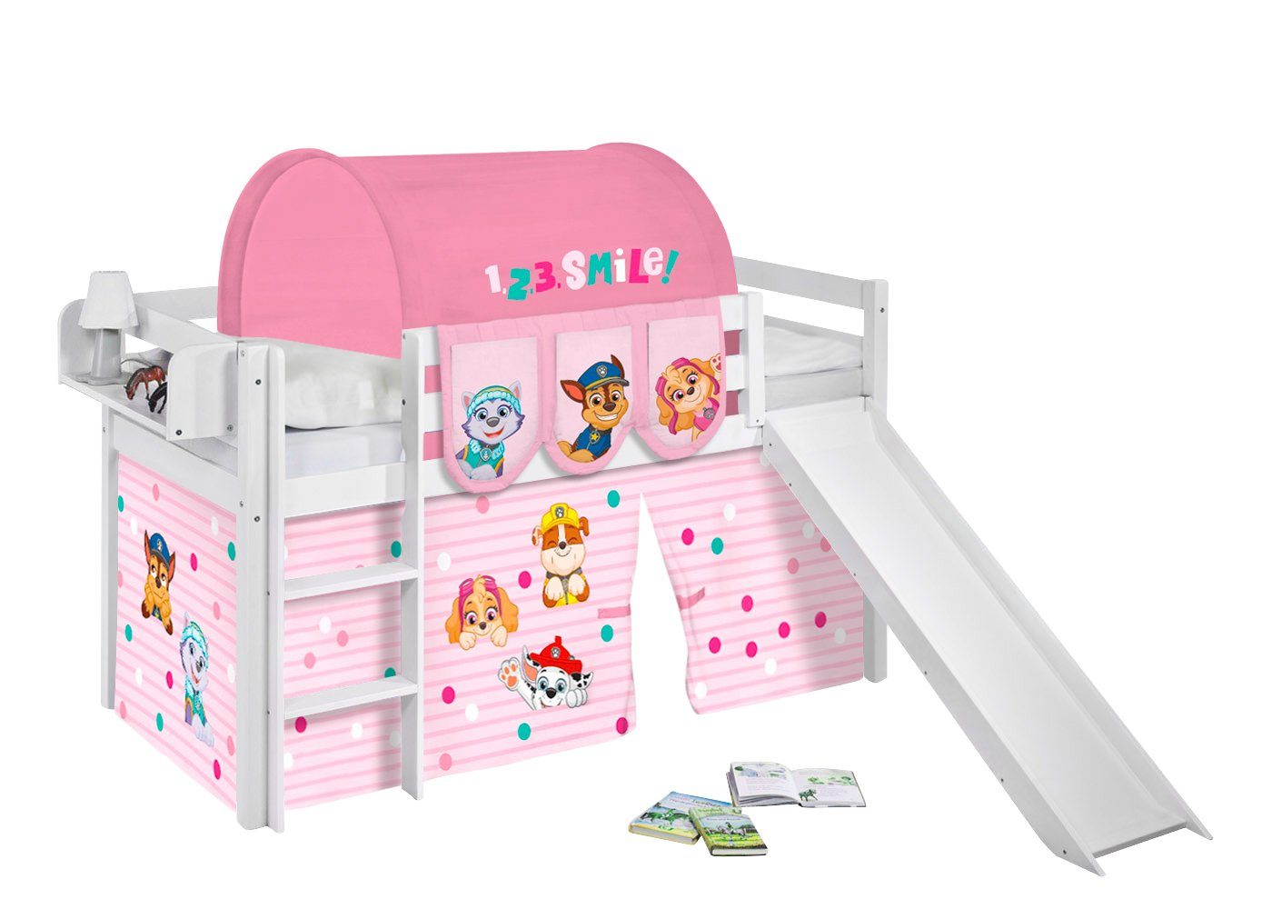Lilokids Hochbett JELLE mit Rutsche mit PAW PATROL Vorhang - Kinderbett & Spielbett mit Rutsche und Vorhang