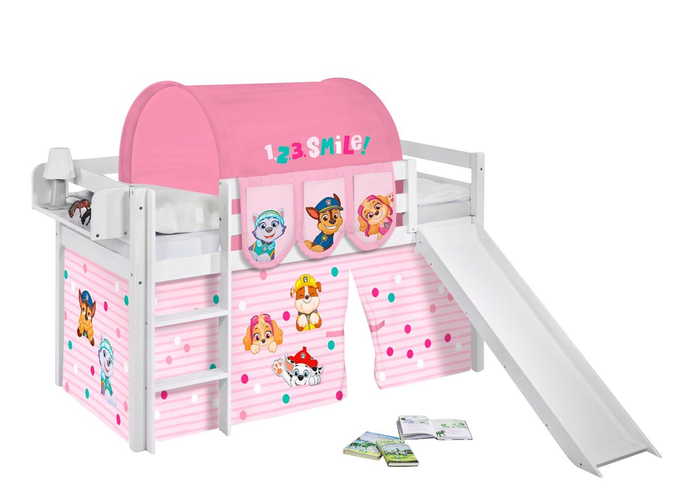 Lilokids Hochbett »JELLE in weiß mit Rutsche und rosa PAW PATROL Vorhang -  Kinderbett & Spielbett von LILOKIDS« mit Rutsche und Vorhang