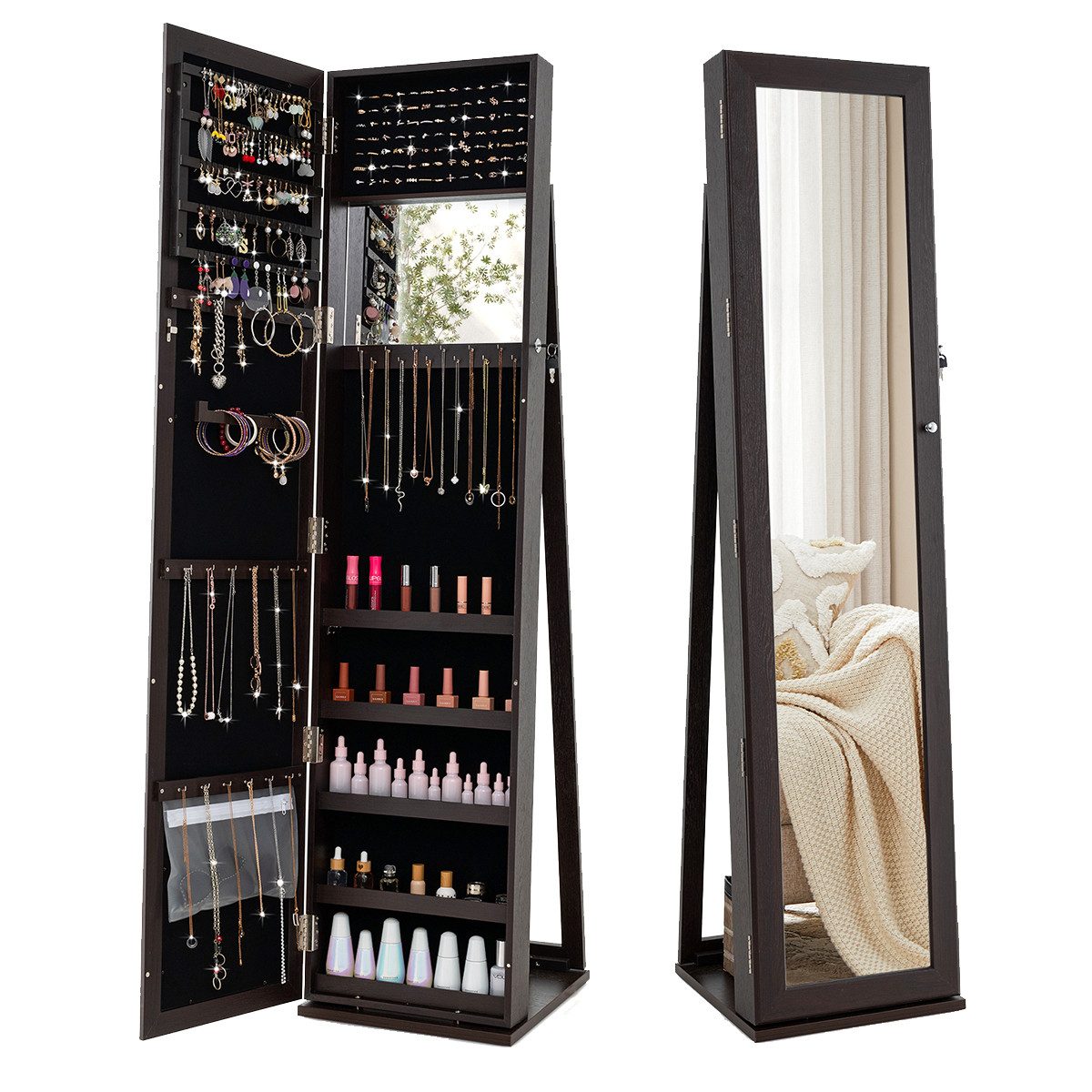 COSTWAY Schmuckschrank mit Ganzkörperspiegel,stehend,abschließbar,weiß günstig online kaufen