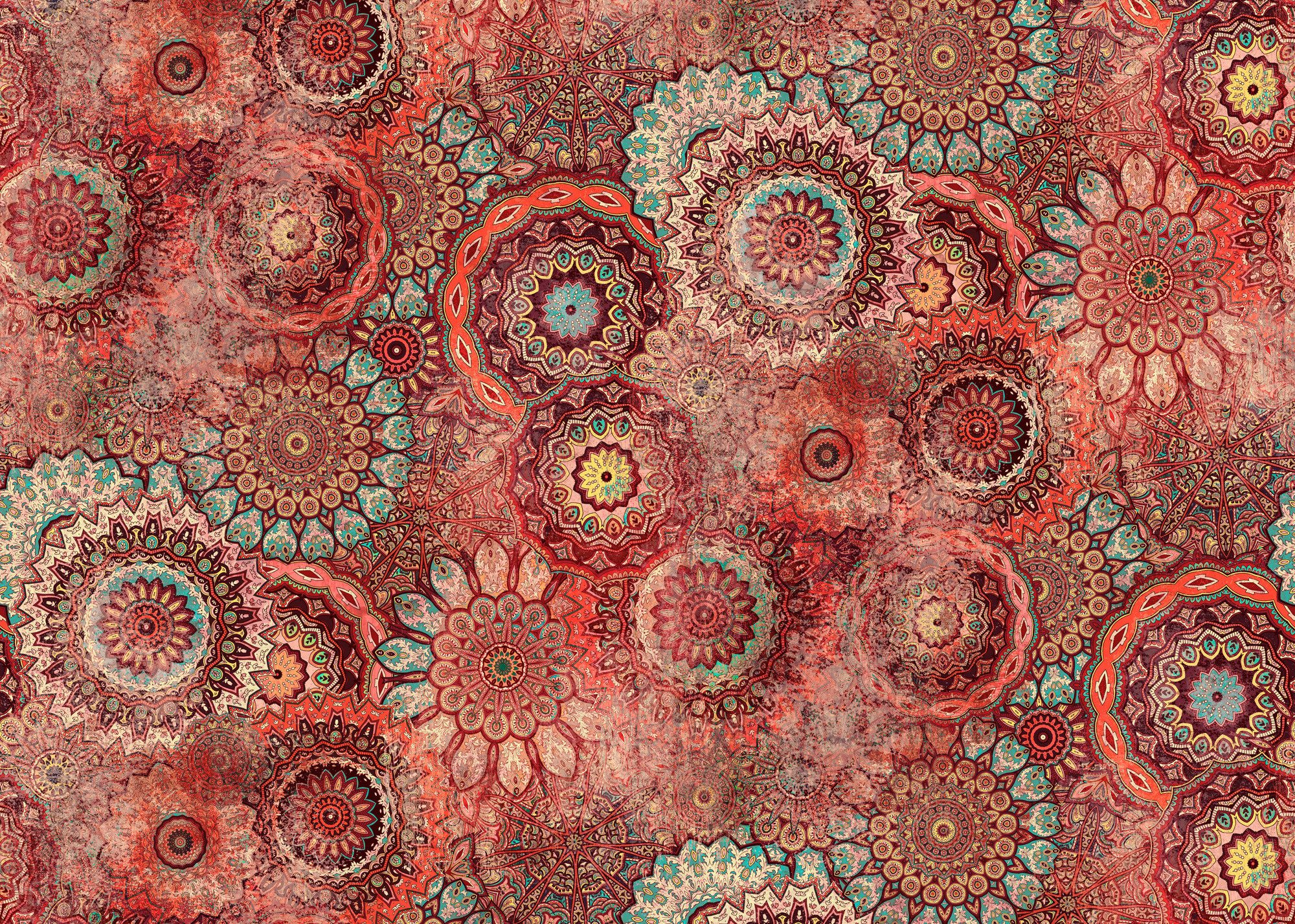 Rasch Fototapete Boho Ethno Hippie Vintage Kreise - Vliestapete Rot, bedruckt, Vintage-Optik, (1 Rolle, 1 St., Kollektion 'Magicwalls' - 2,65 m x 3,71 m), Lichtbeständige Farben - Feucht abwischbar - Restlost abziehbar