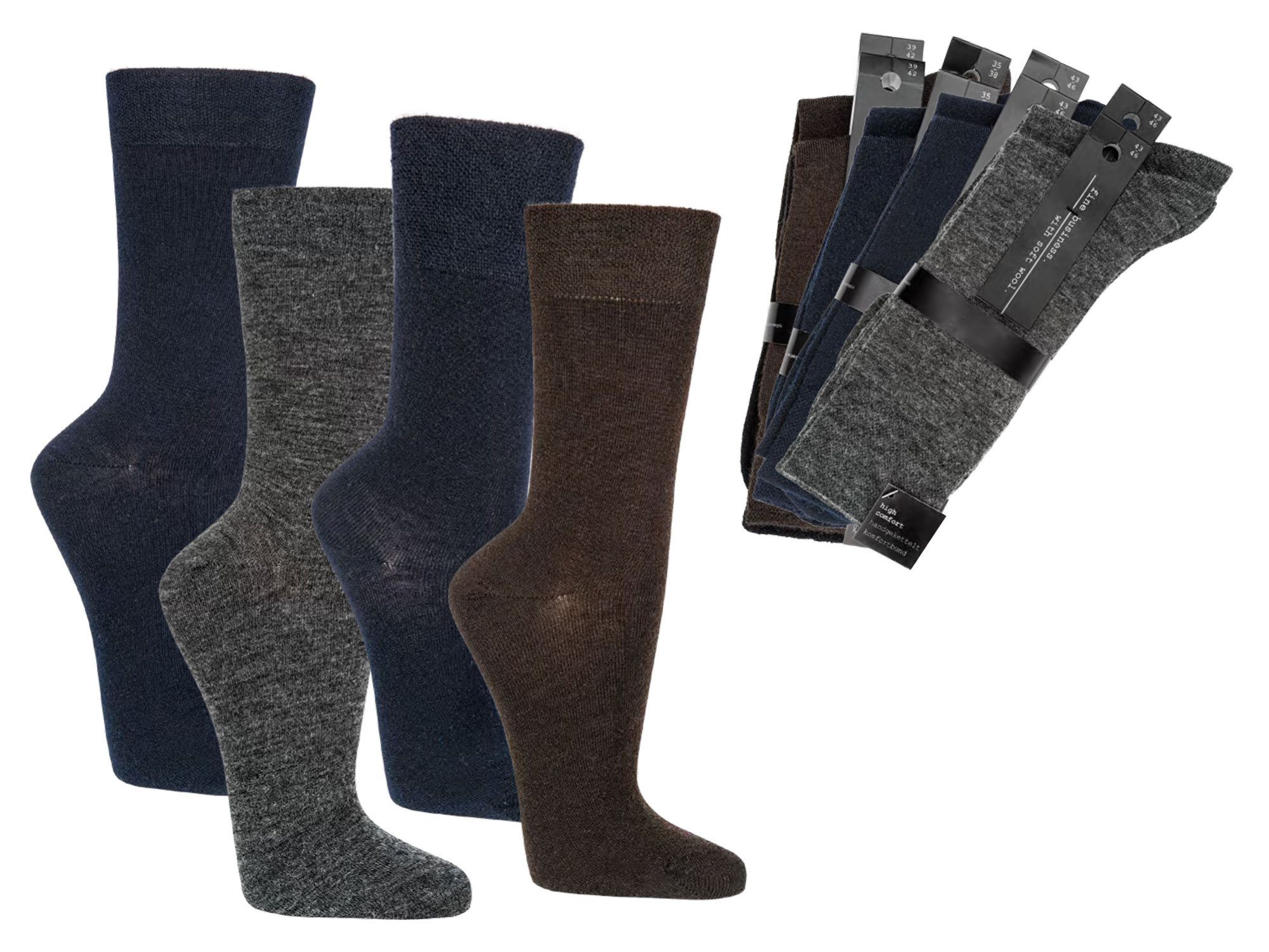 Paar handgekettelt, Businesssocken Business-Komfort-Socken TippTexx Wolle, Piqué-Bund 2 24 Dunkelbraun mit