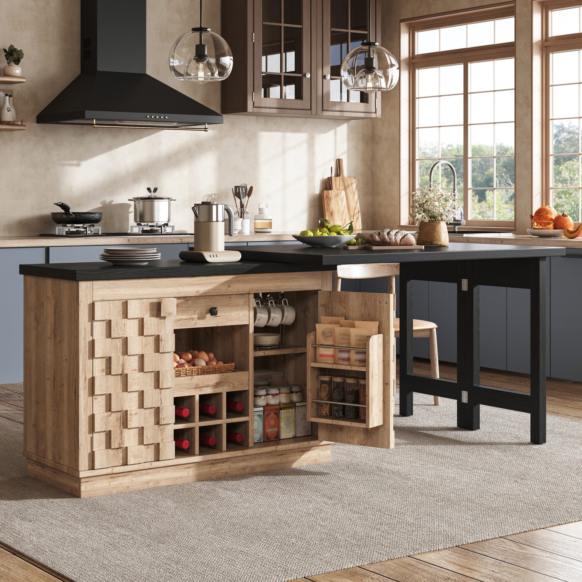 OKWISH Kücheninsel Küchenschrank 360° drehbar 120–197cm mit Schubladen, (Aufbewahrungsschrank mit flexiblem Stauraum für Küche Zuhause), Küchenbuffet mit Patchwork Türen und herausnehmbarem Weinregal