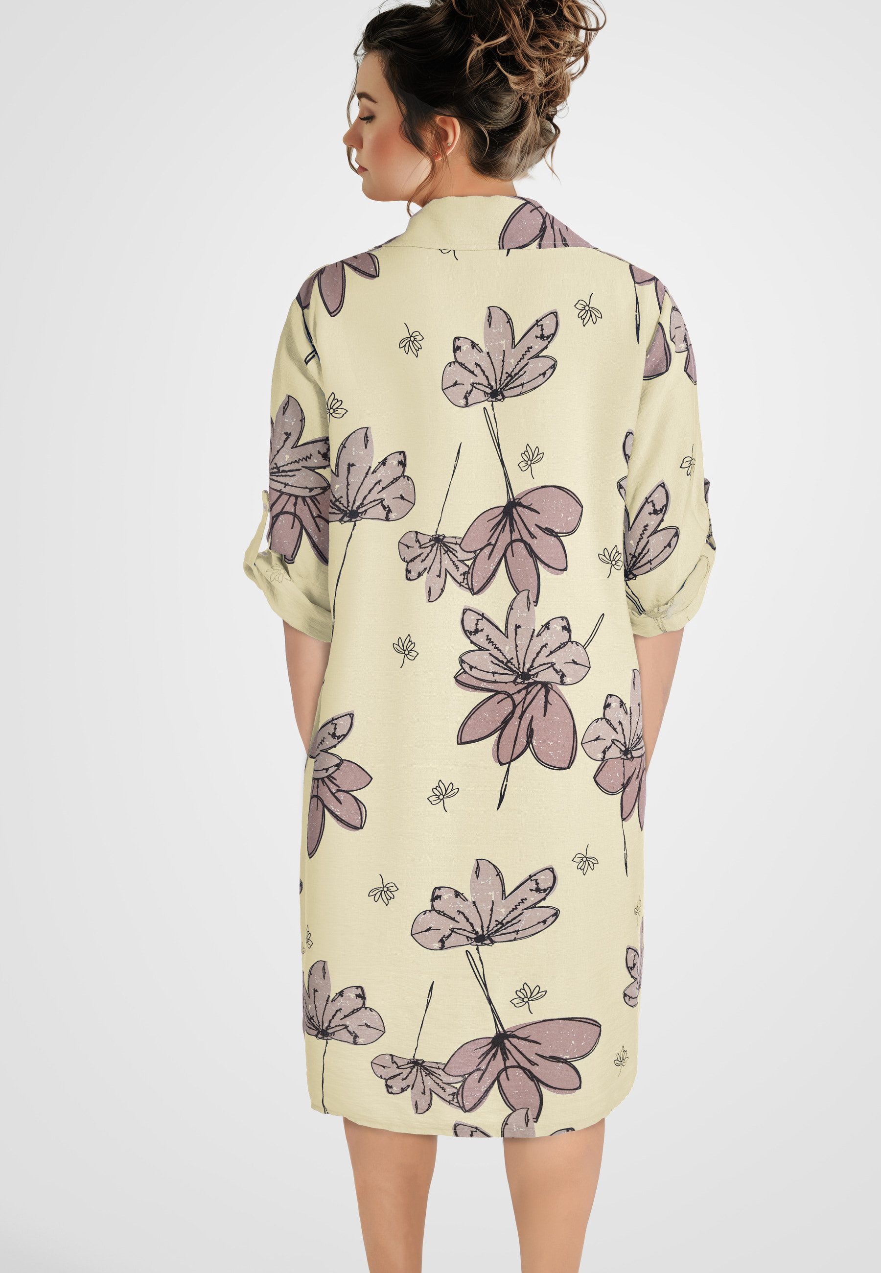 PEKIVESSA Sommerkleid Hemdblusenkleid mit Turn-Up-Ärmel Legerer gerader Schnitt mit Allover-Print