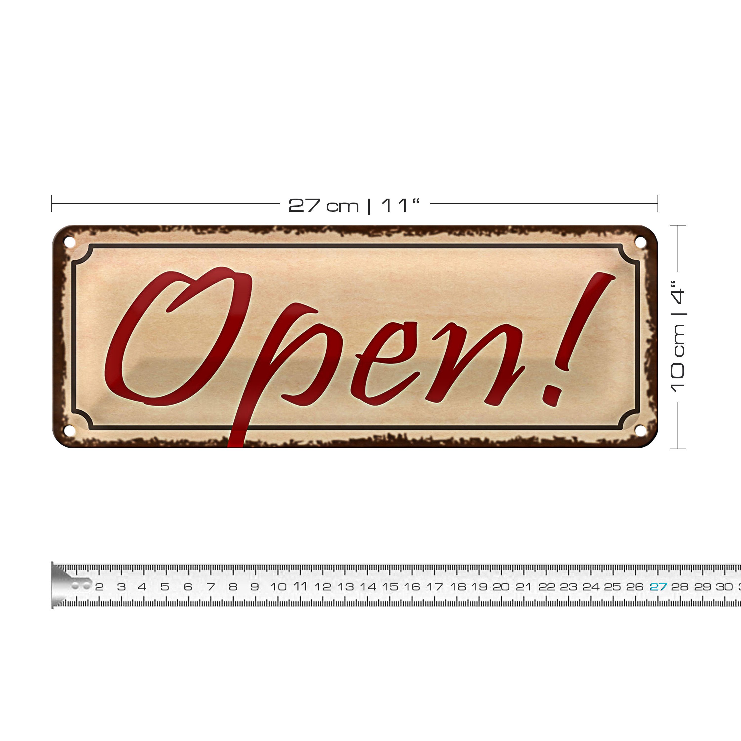Roomando Metallschild Blechschild Hinweis 27x10cm Open beige Schild