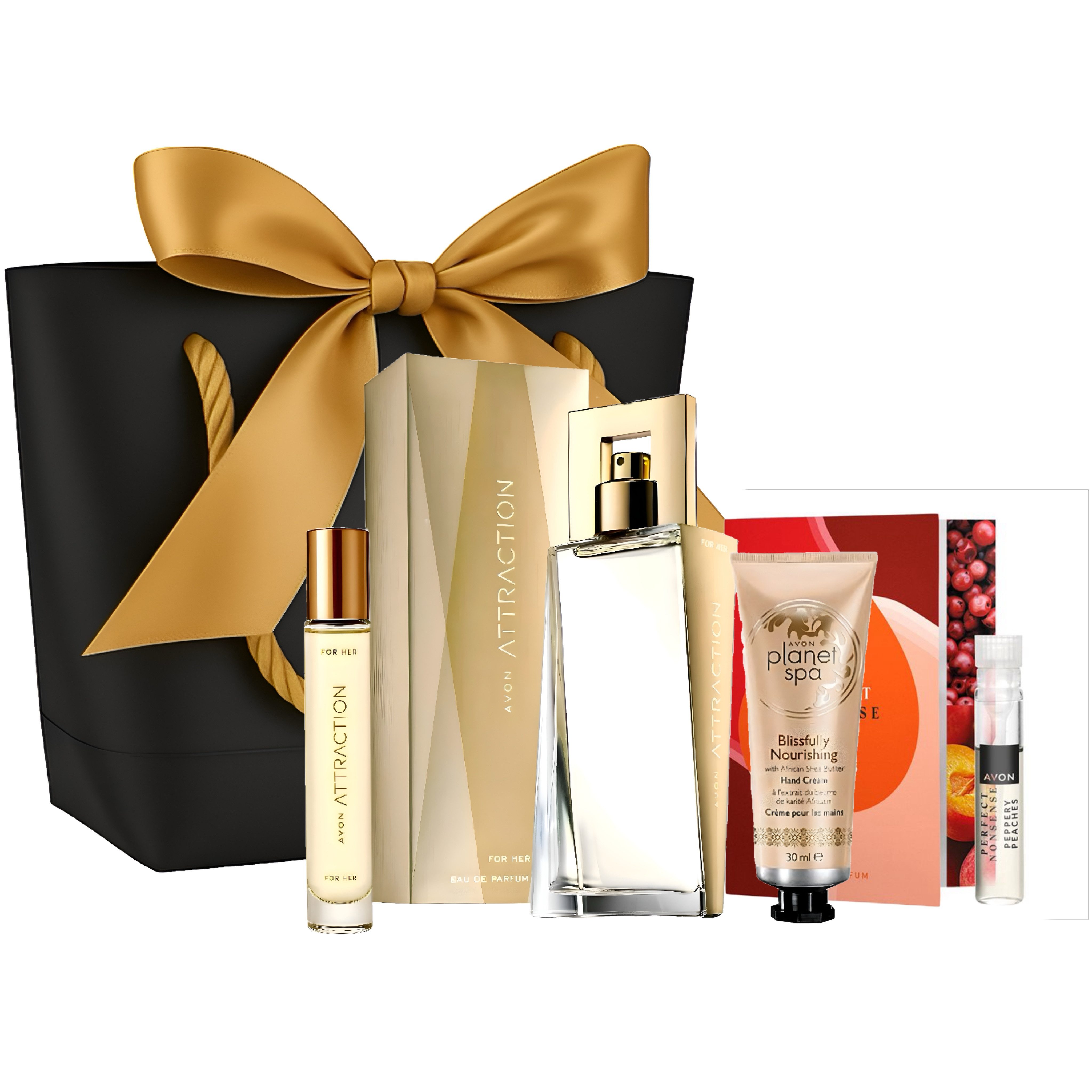 AVON Cosmetics Eau de Parfum ATTRACTION Glasflakon 50 ml mit Planet Spa Handcreme, 5-tlg., Duftendes Pflege-Geschenkset für Damen