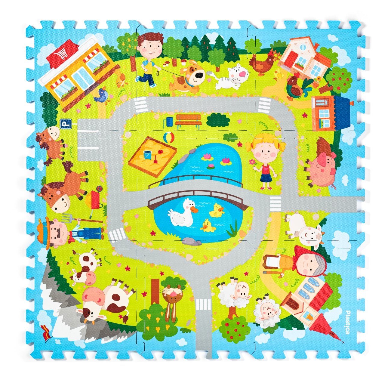 Woodyland Spielmatte 91651 - 9 teilige Puzzle- und Spielmatte mit Landschaft und Straßen (9-St)