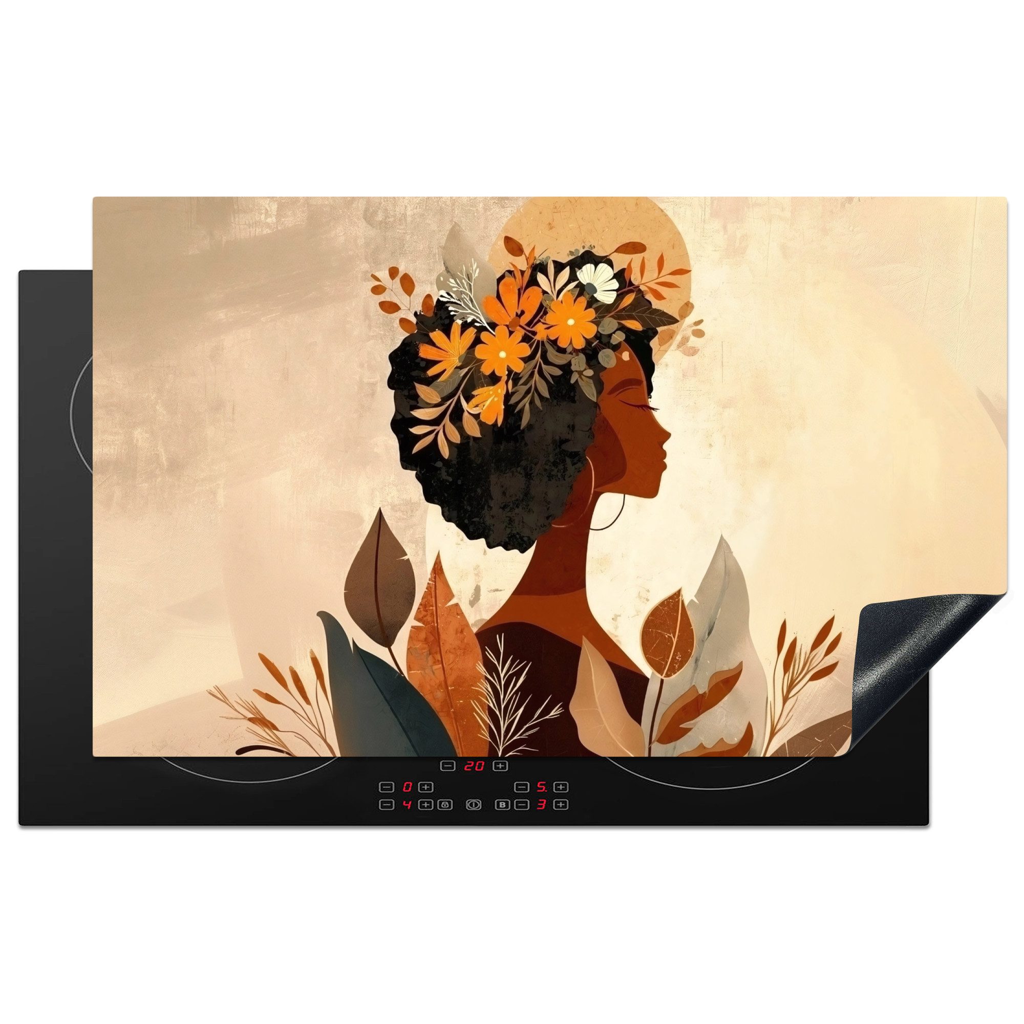 MuchoWow Herd-Abdeckplatte Frau - Locken - Blumen - Beige, Vinyl, (1 tlg), Herdplattenabdeckung für Ceranfeld, Herdplatten Vinyl, 83x51 cm
