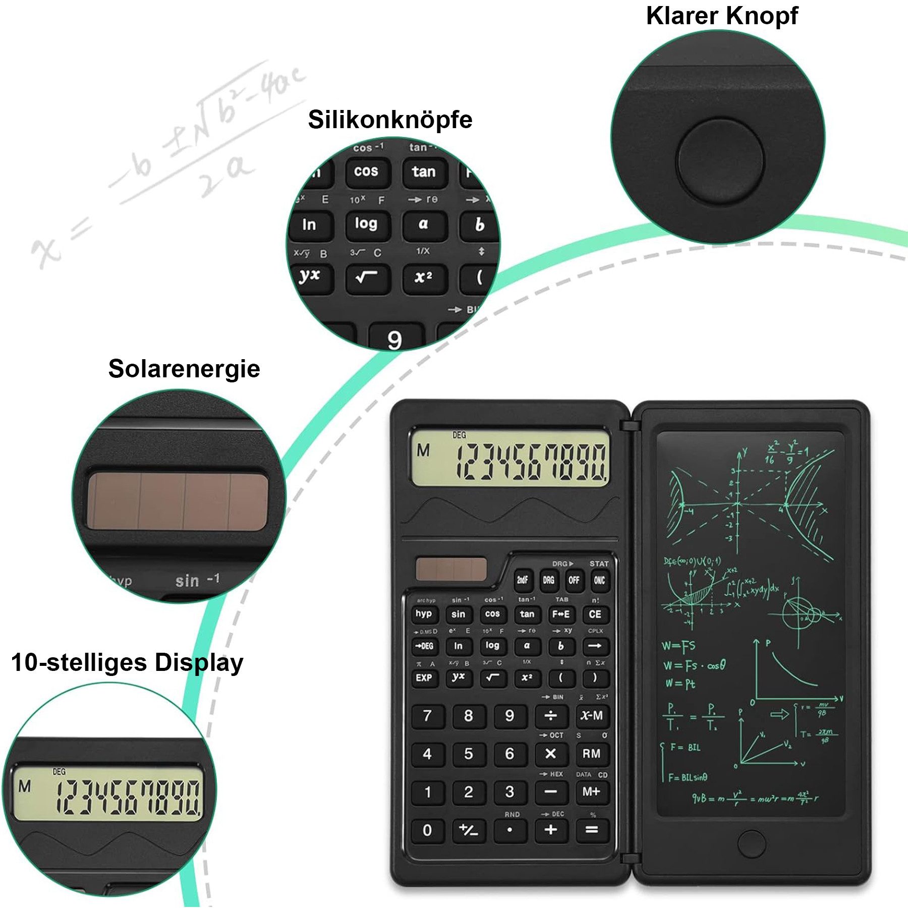Senmudi Taschenrechner Wissenschaftlicher Taschenrechner, mit löschbarem LCD-Schreibtablet, Solar- und Akku,Tischrechner mit Notizblock für Büro, Schule