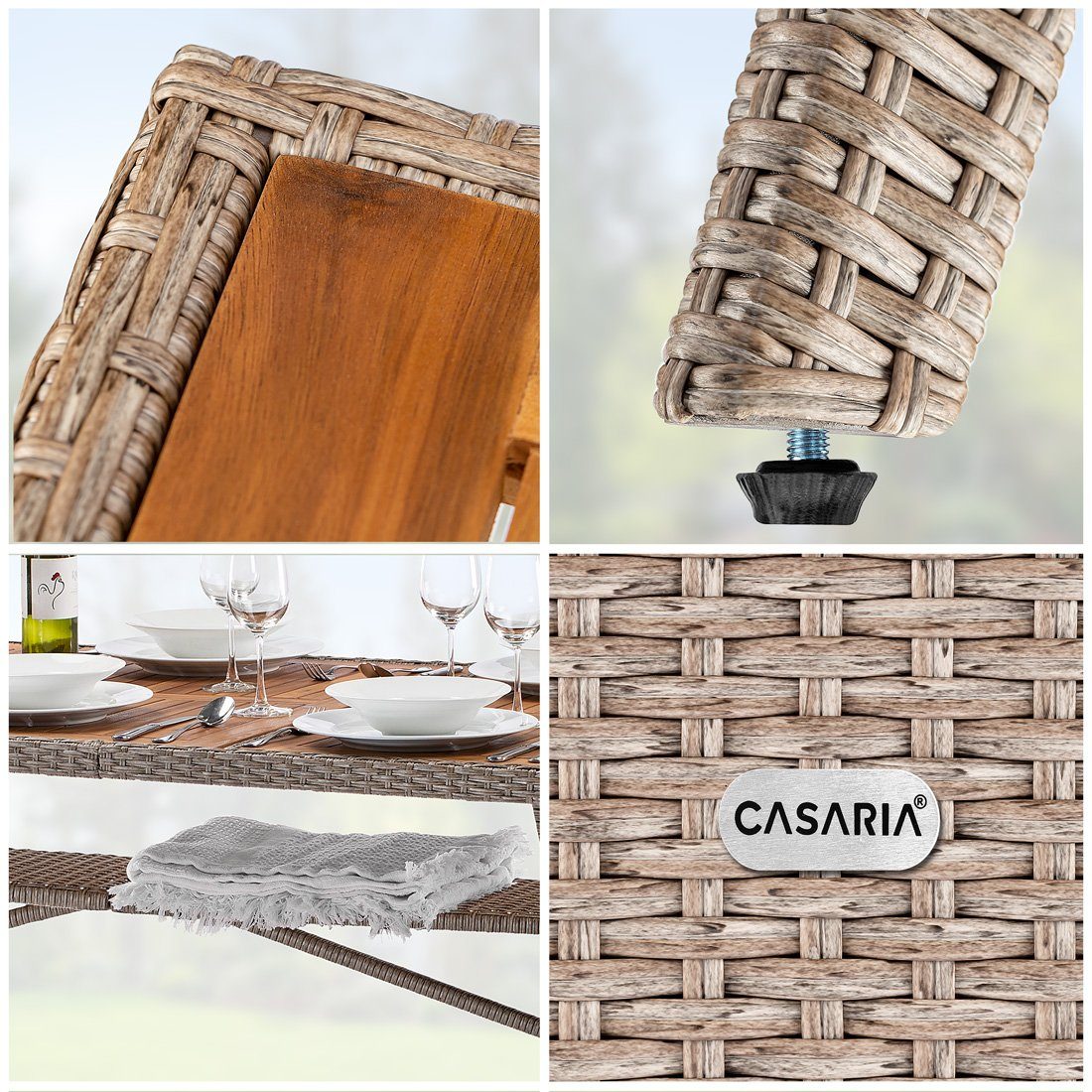 (1-St), Casaria Polyrattan zertifiziertes Gartentisch mit Akazienholz FSC®- Beige 190x90cm Ablage