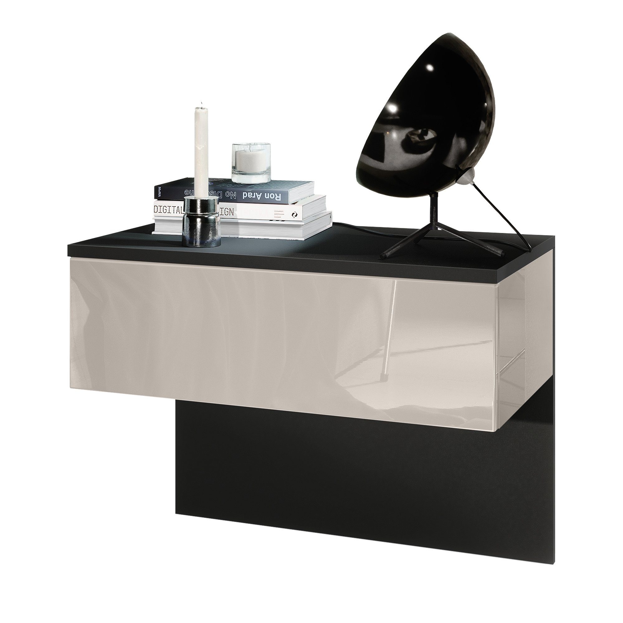 Vladon Nachttisch Sleep (Nachttischschrank, mit Schublade zur Wandmontage), Schwarz matt/Sandgrau Hochglanz (60 x 46 x 35 cm)