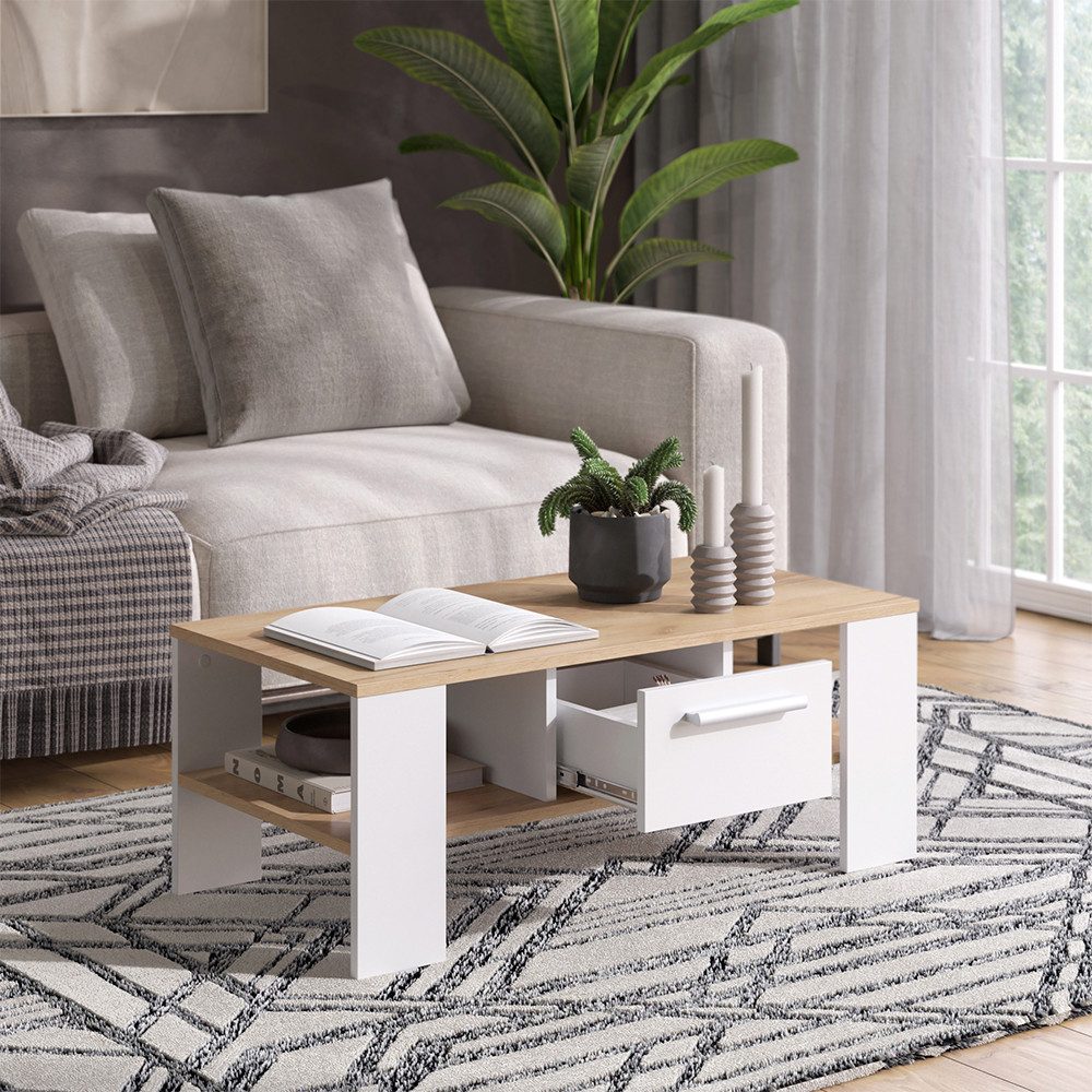 Vicco Couchtisch Wilmut, Goldkraft Eiche/Weiß, 89.8 x 46.4 cm mit Schublade (1-St)