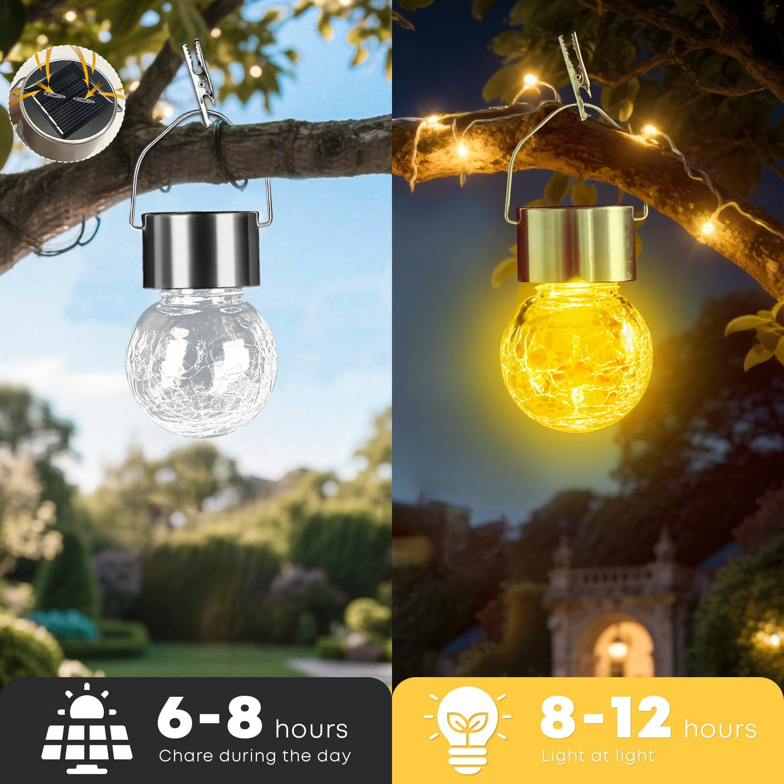 LQWELL LED Solarleuchte LED Solar Hängeleuchte Außen Solar Gartenleuchte hängend, LED fest integriert, Warmweiß Crackle Glaskugel LaterneLicht Aufhängen oder hinstellen, für Party, Garten, Zaun, Baum, Foto Deko