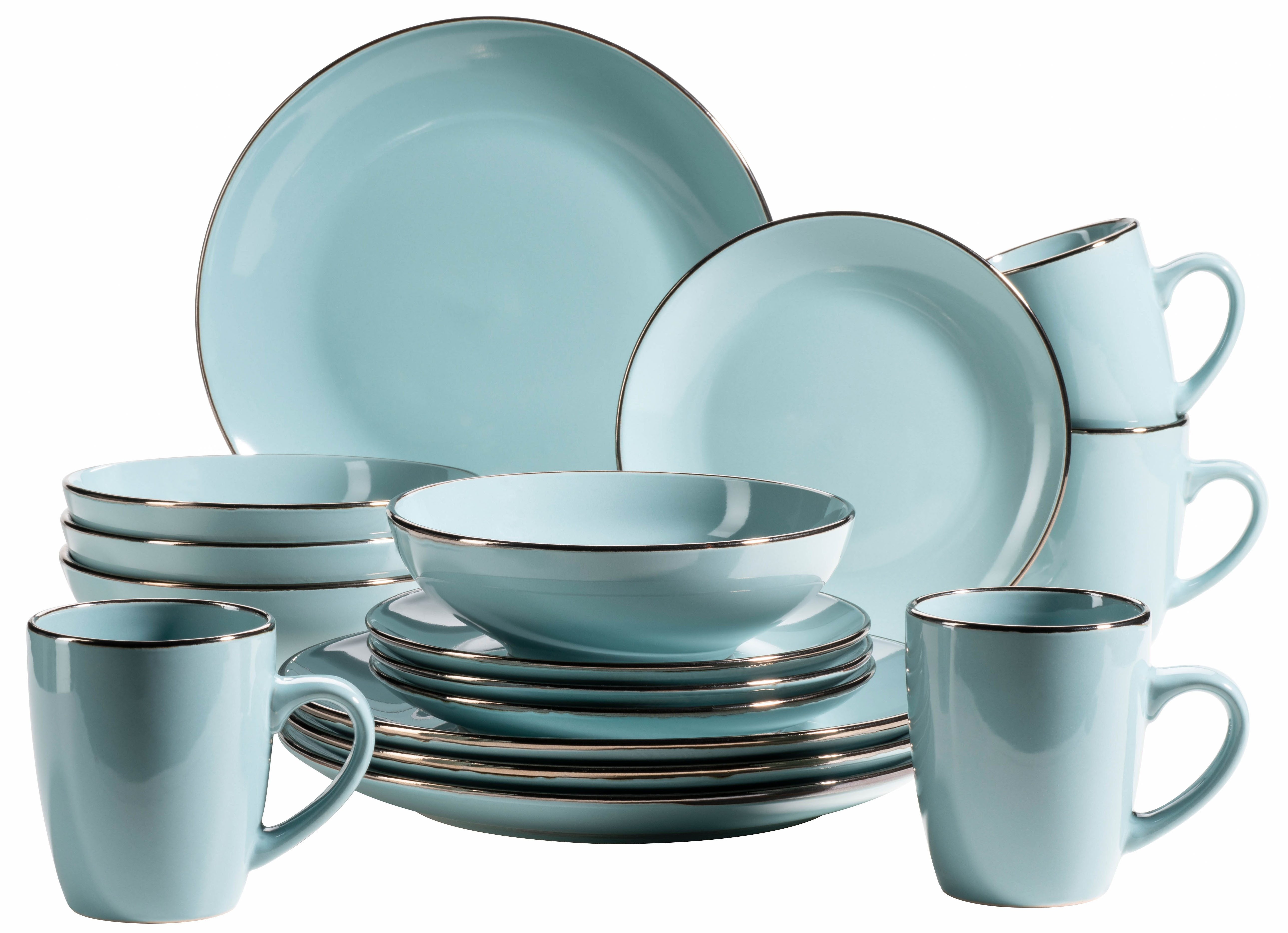 MÄSER Kombiservice METALLIC RIM, Geschirr-Set, Steinzeug (16-tlg), 4 Personen, Steinzeug
