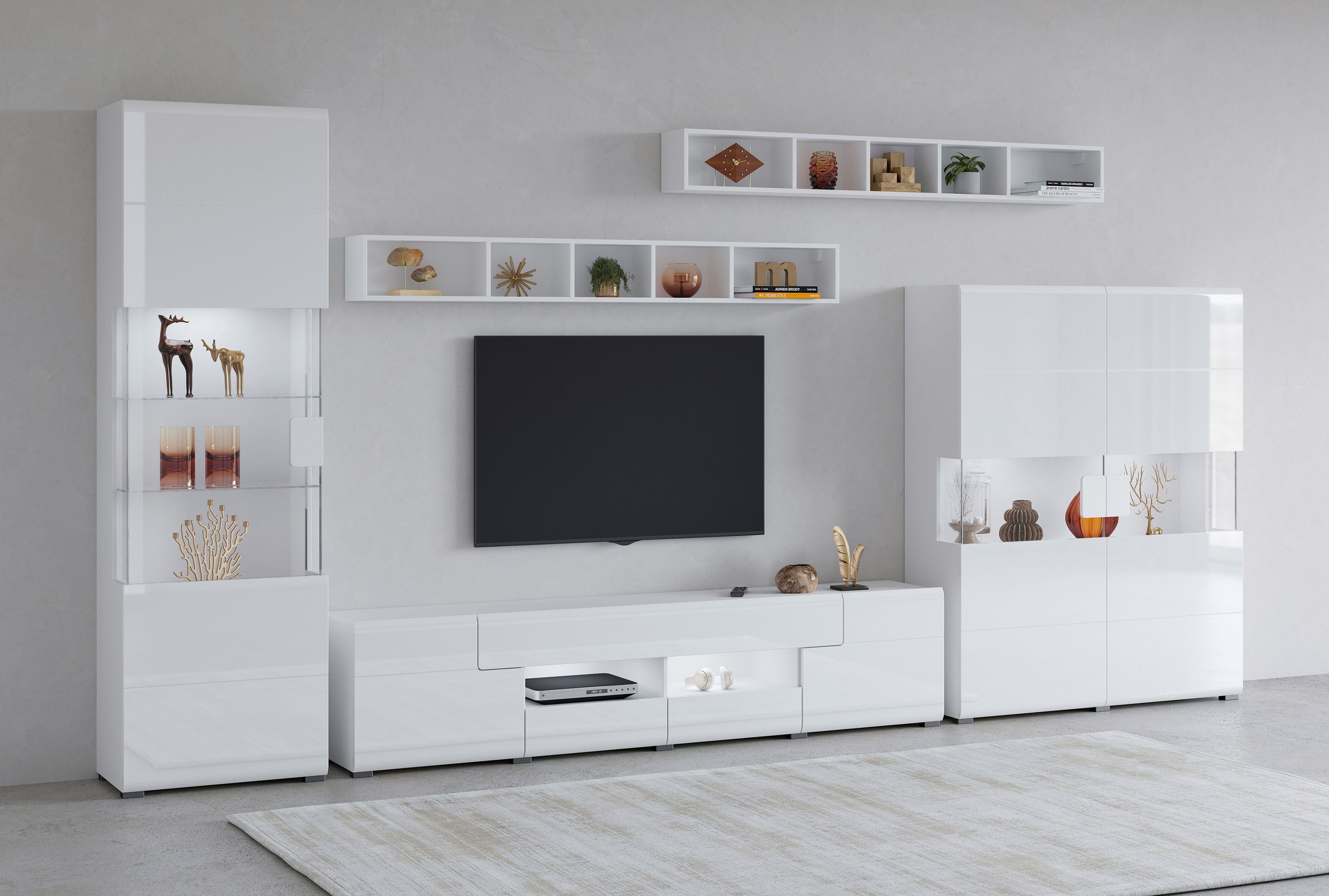 INOSIGN Wohnwand Toledo,Breite 391cm stilvolle Mediawand ohne Beleuchtung, (Set, 5-St), Anbauwand(Vitrine,Lowboard,Highboard,2xHängeregal)MDF Hochglanzfronten