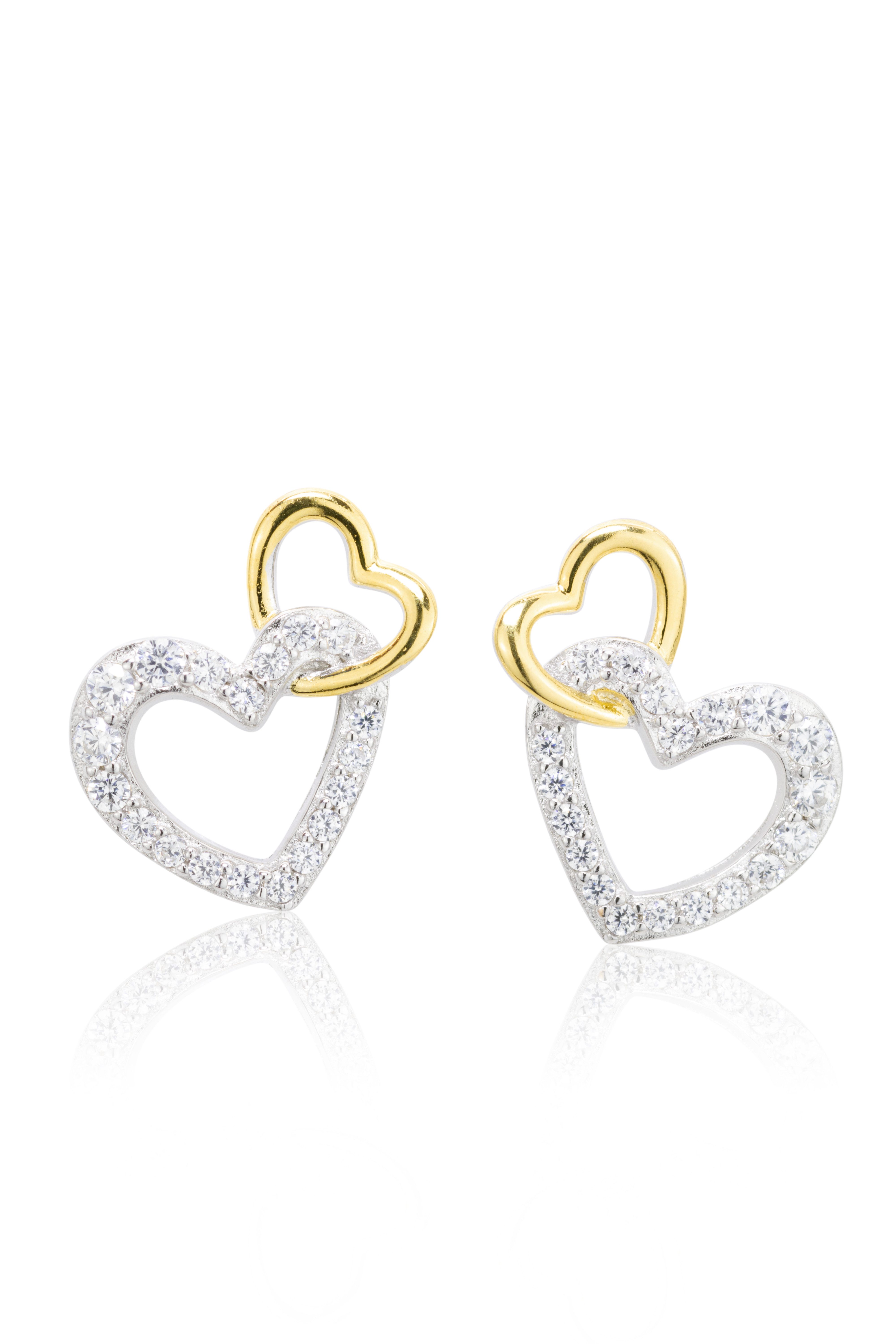 SCHEPPE SCHMUCK Paar Ohrstecker Ohrringe - 925 Sterling Silber - goldenes Herz - je 19 Cubic Zirkonia (2-tlg., incl. Schmuckschachtel), 2,17 x 0,91 x 0,15 cm