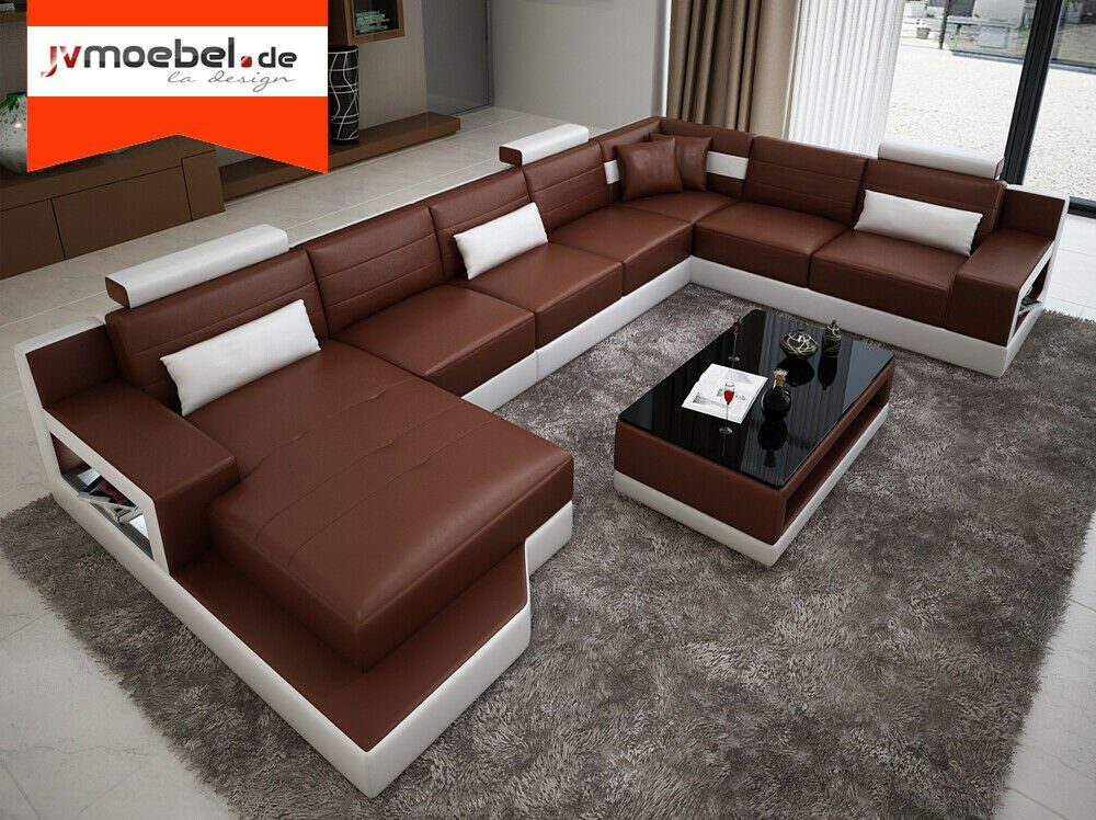 JVmoebel Ecksofa Ledersofa Ecksofa + USB Garnitur Wohnlandschaft U Form Couch Sofa