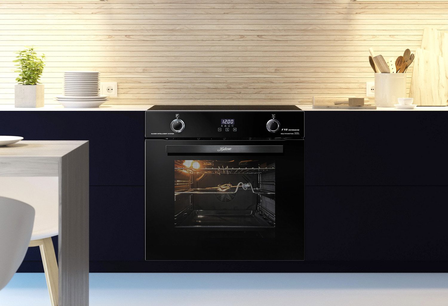 Kaiser Küchengeräte Backofen-Set Herd Set Autark Schwarzer Einbau Backofen 79L Drehknebel 60 cm mit Induktionskochfeld 60 cm FREE ZONE mit 2 FLEX Induktions-Zonen TFT Display EH 6367+KCT 6140 FI.., mit 1-fach-Teleskopauszug