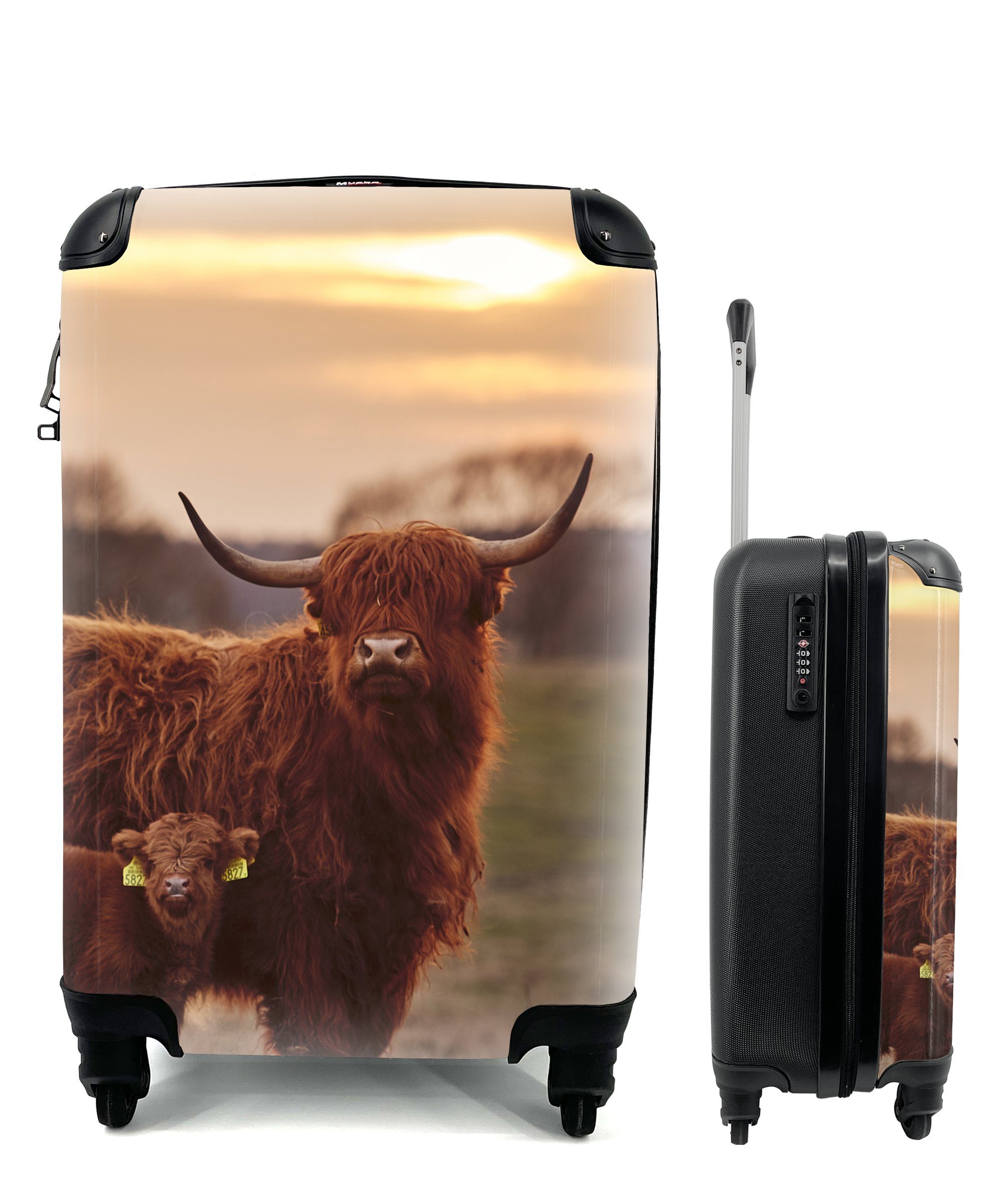 MuchoWow Handgepäckkoffer Schottische Highlander - Tiere - Landschaft - Sonnenuntergang - Kuh, 4 Rollen, Reisetasche mit rollen, Handgepäck für Ferien, Trolley, Reisekoffer