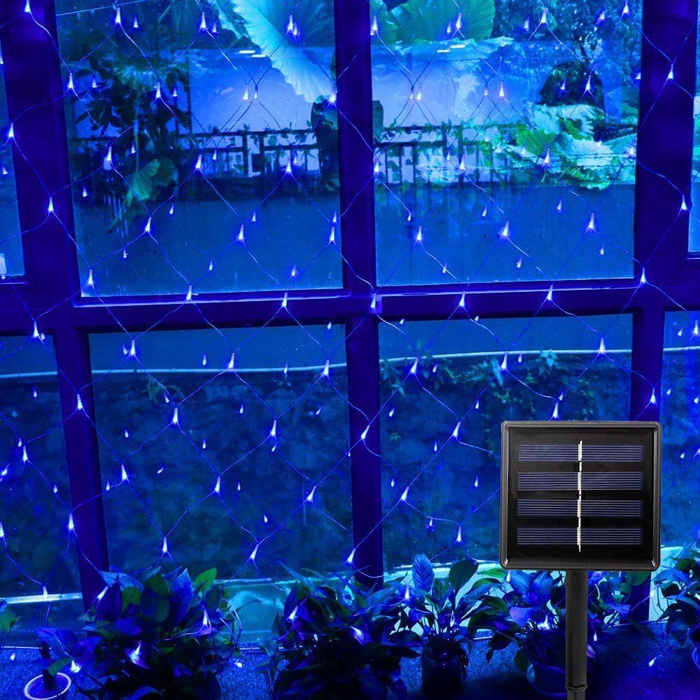MUPOO LED-Lichternetz Led Solarleuchten 100LEDs 1.5X1.5M / 204LEDs 3X2M,LED Lichtervorhang, 8 Modi,IP65 Wasserdicht,4 Farben,Wand Fenster,Schaukeln,Büsche Dekor Blau | Lichternetze